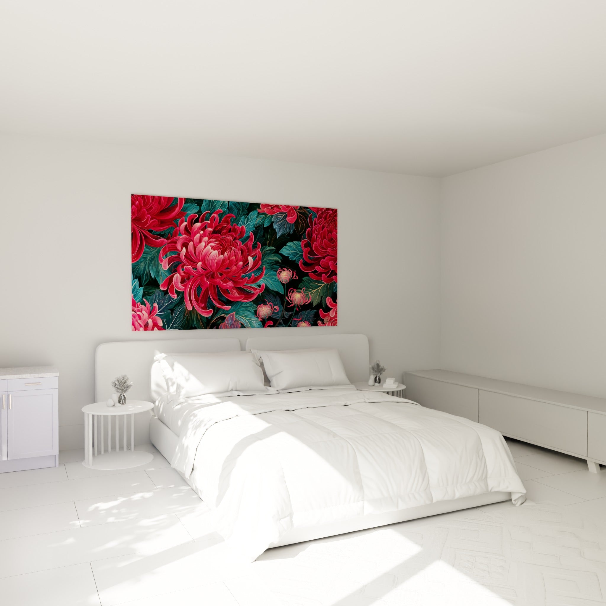 Fleurs de chrysanthème rouge et rose accrochées au-dessus d'un lit dans une chambre claire