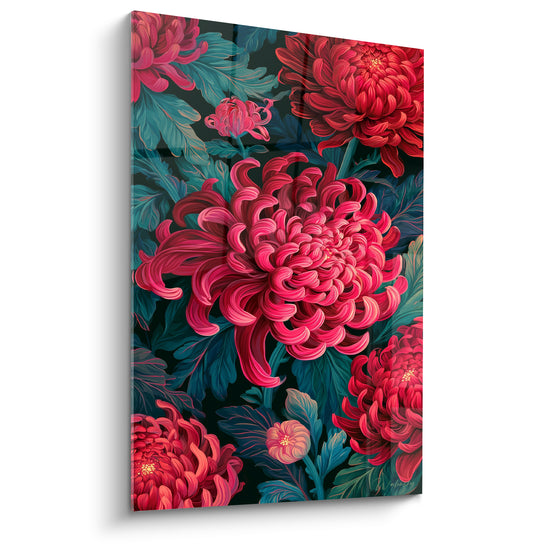 Chrysanthème rose fuchsia aux pétales enroulés sur fond anthracite et feuillage vert sarcelle