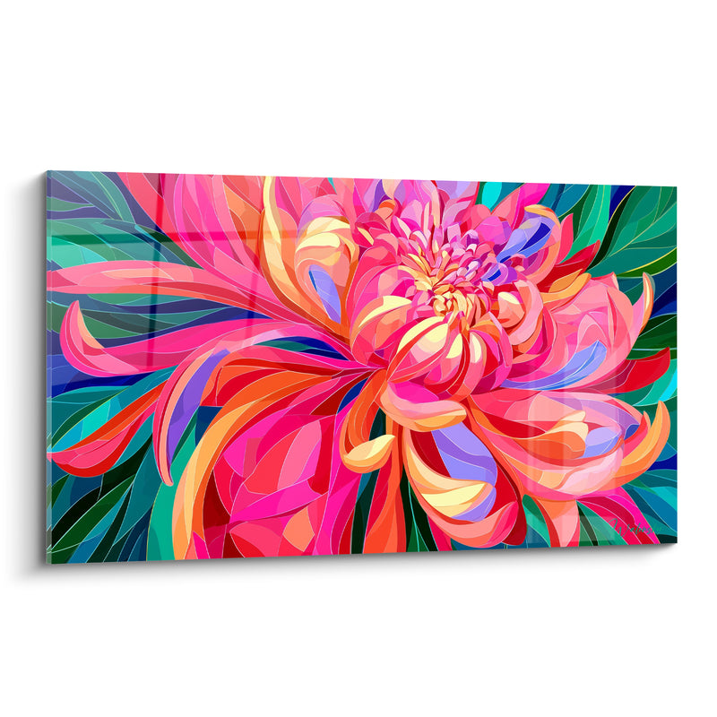 Tableau Chrysanthème rose et turquoise aux pétales éclatés - Éclosion vibrante - Edition Chrysanthème