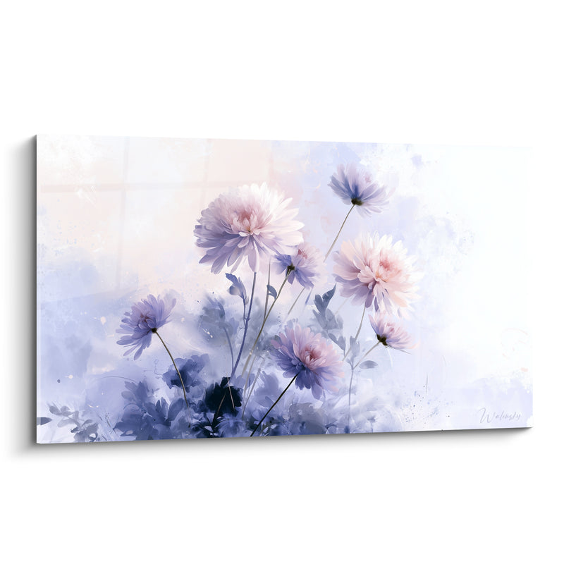 Tableau Chrysanthèmes roses et bleu lavande brumeux - Brume matinale fleurie - Edition Chrysanthème