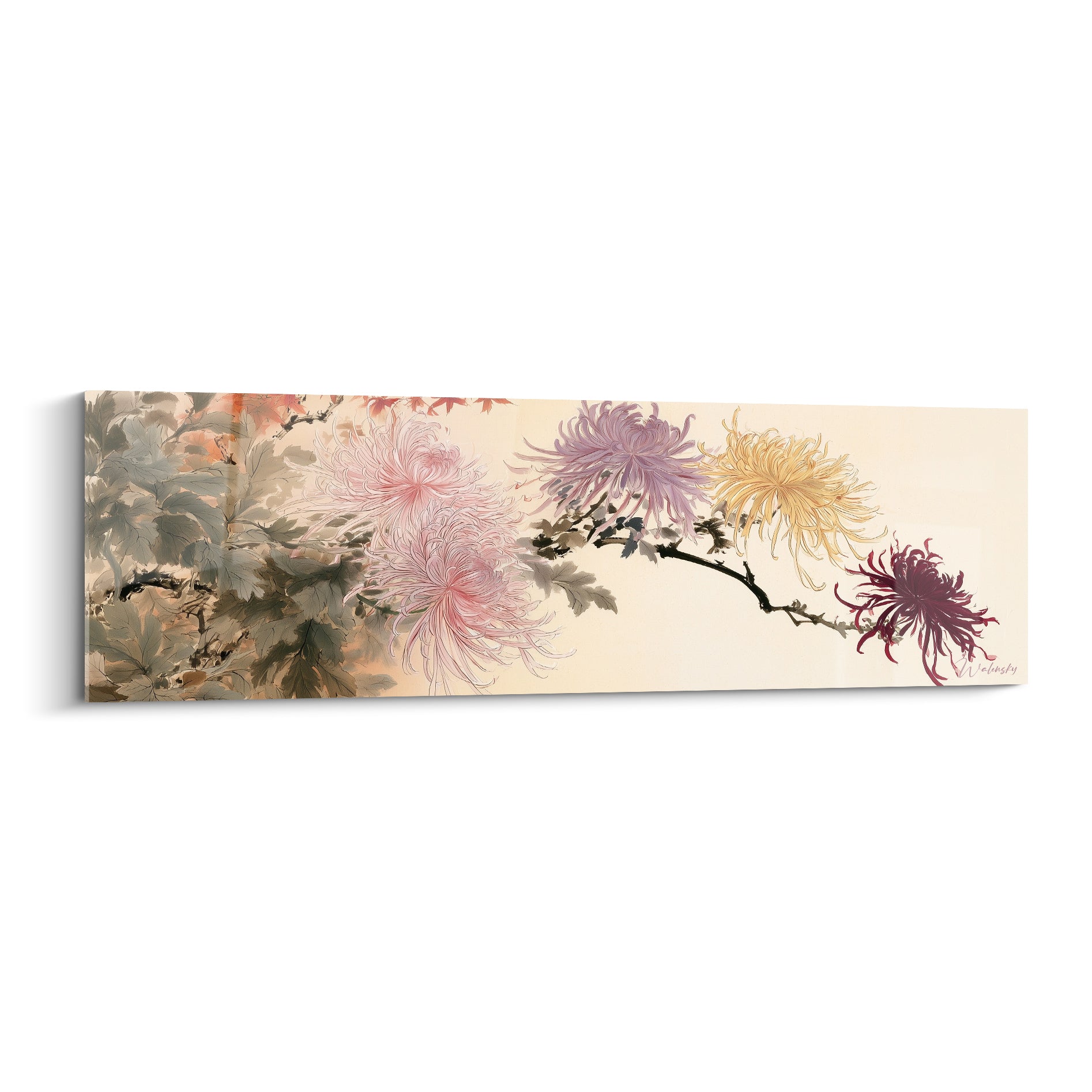 Chrysanthèmes roses, mauves et dorés sur branche noueuse, style aquarelle sur fond ivoire