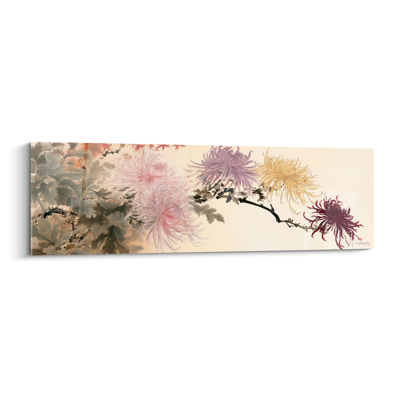 Tableau Chrysanthèmes rose et mauve sur branche courbée - Rameau horizontal sinueux - Edition Chrysanthème