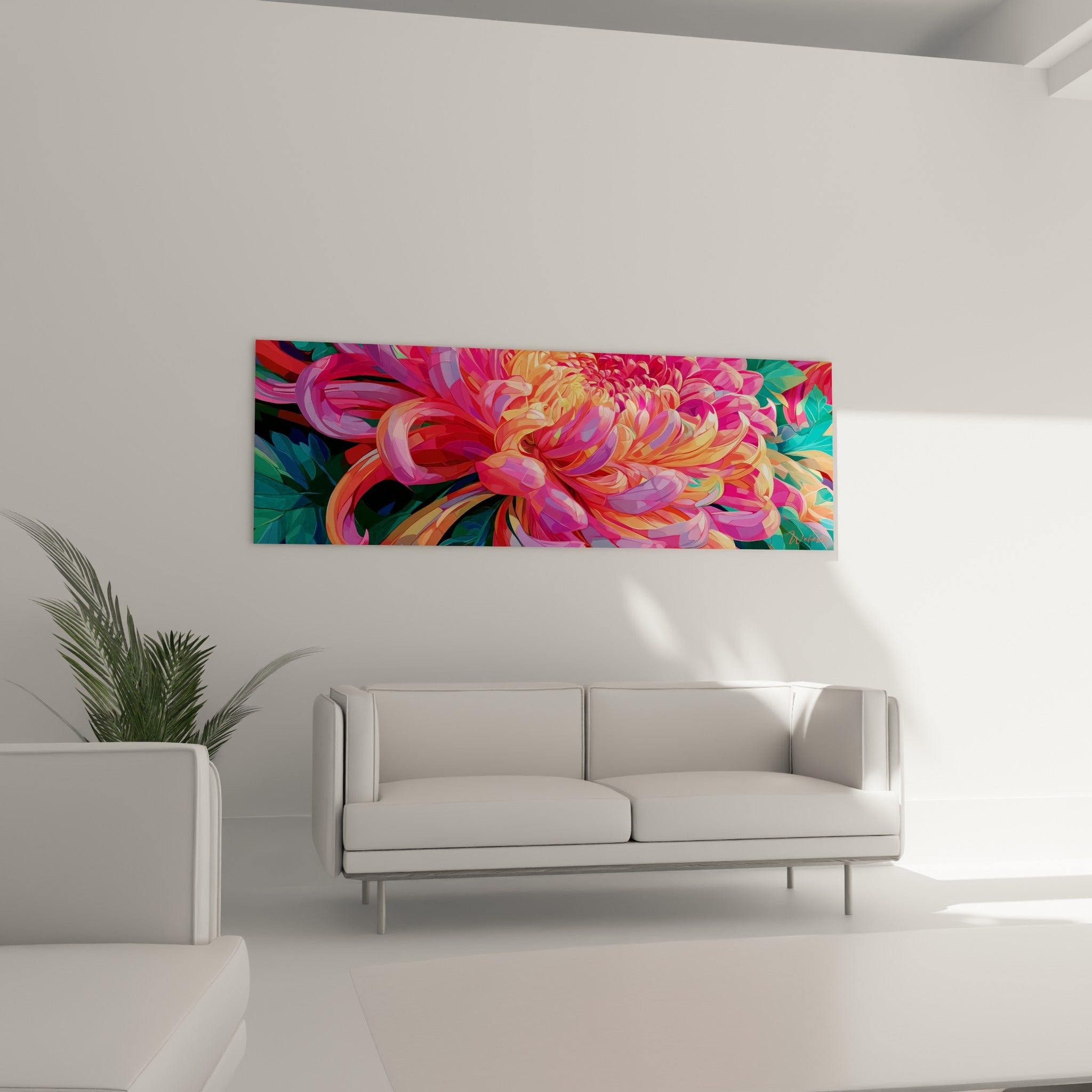 Pétales roses et orangés du chrysanthème déployés au-dessus d'un canapé dans un salon lumineux