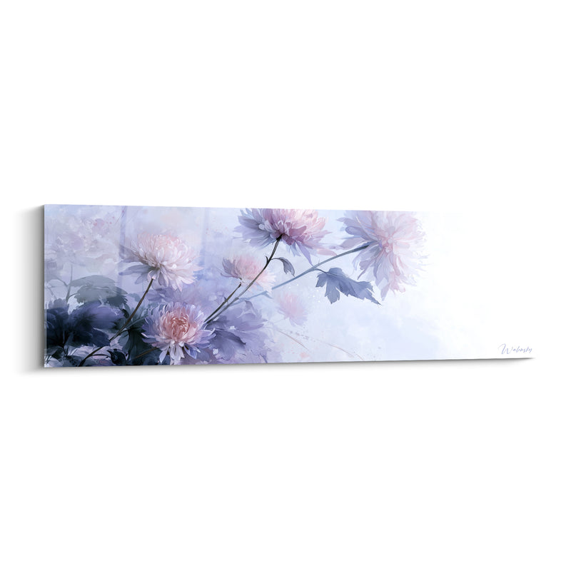 Tableau Chrysanthèmes roses aux feuilles bleutées - Brume délicate - Edition Chrysanthème