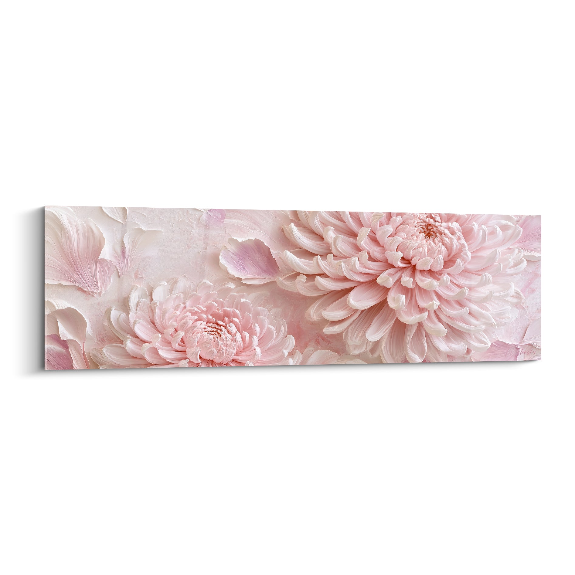 Chrysanthèmes roses et blancs aux pétales veloutés, composition florale en relief texturé