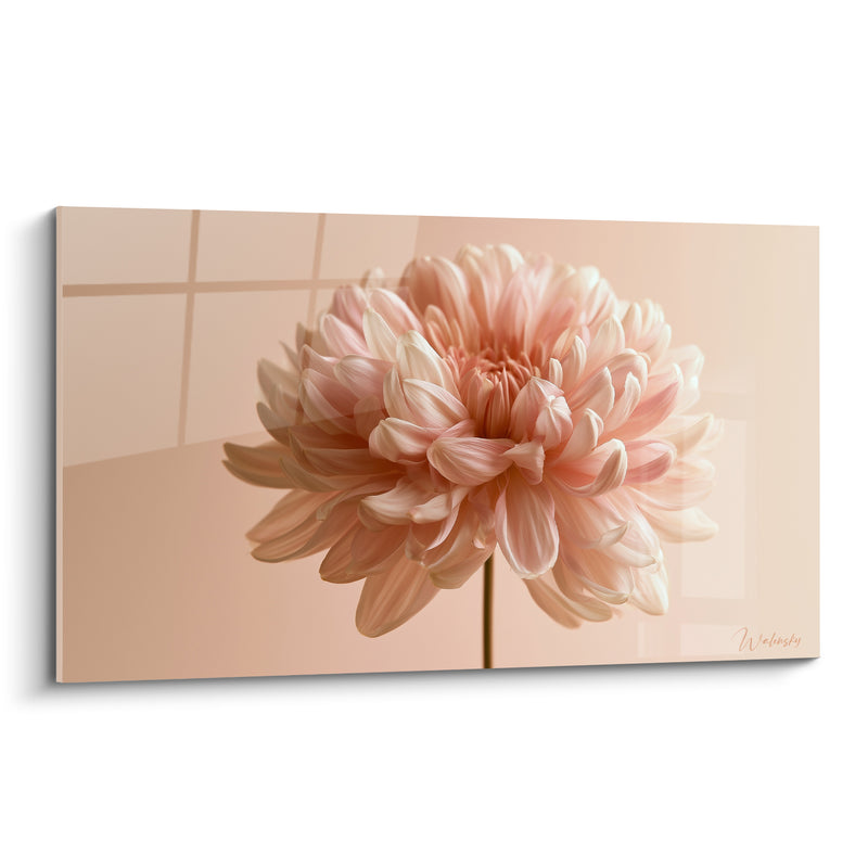 Tableau Chrysanthème rose et ivoire sur fond quadrillé pêche - Fenêtre géométrique discrète - Edition Chrysanthème