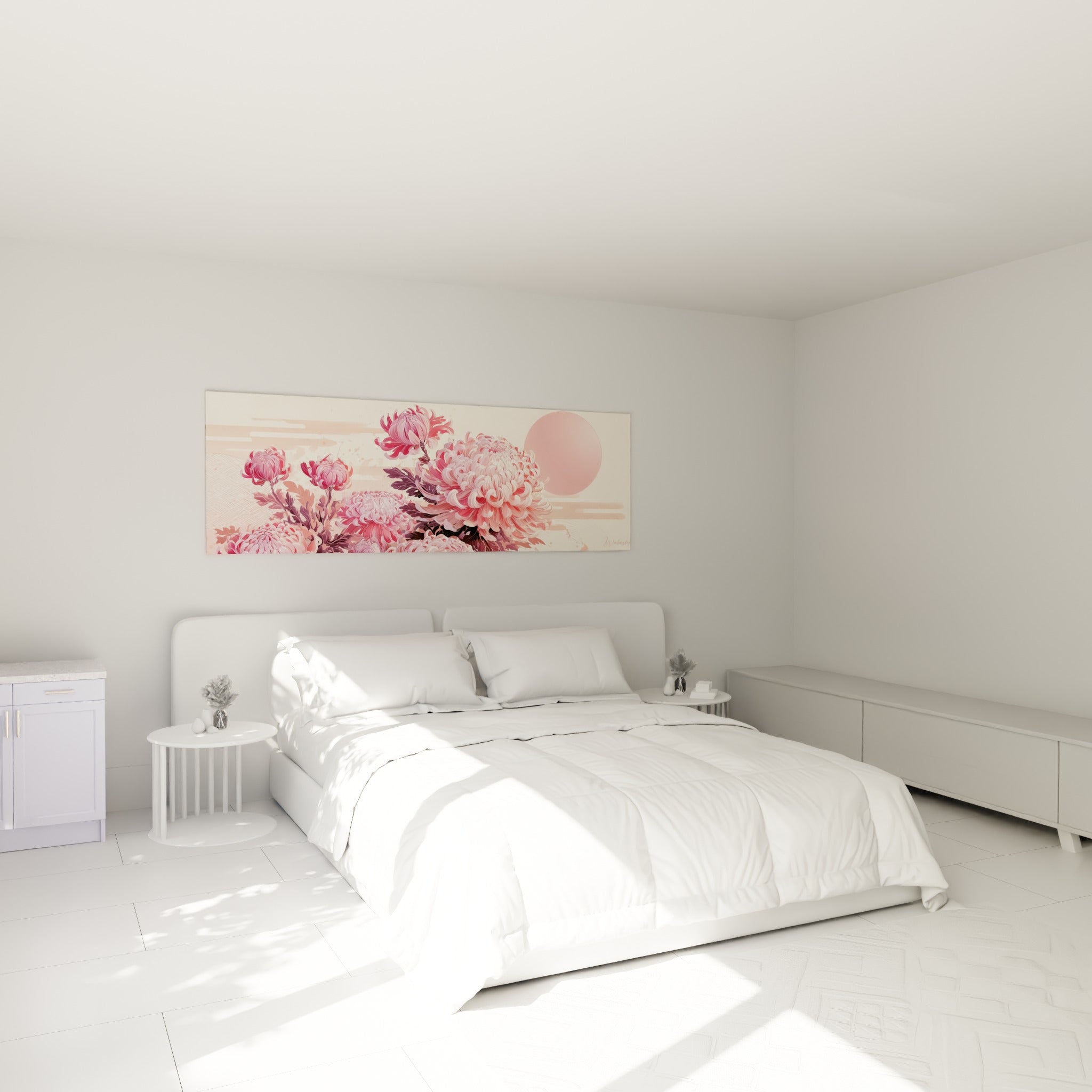 Fleurs de chrysanthème rose et prune peintes avec finesse, au-dessus d'un lit dans une chambre claire