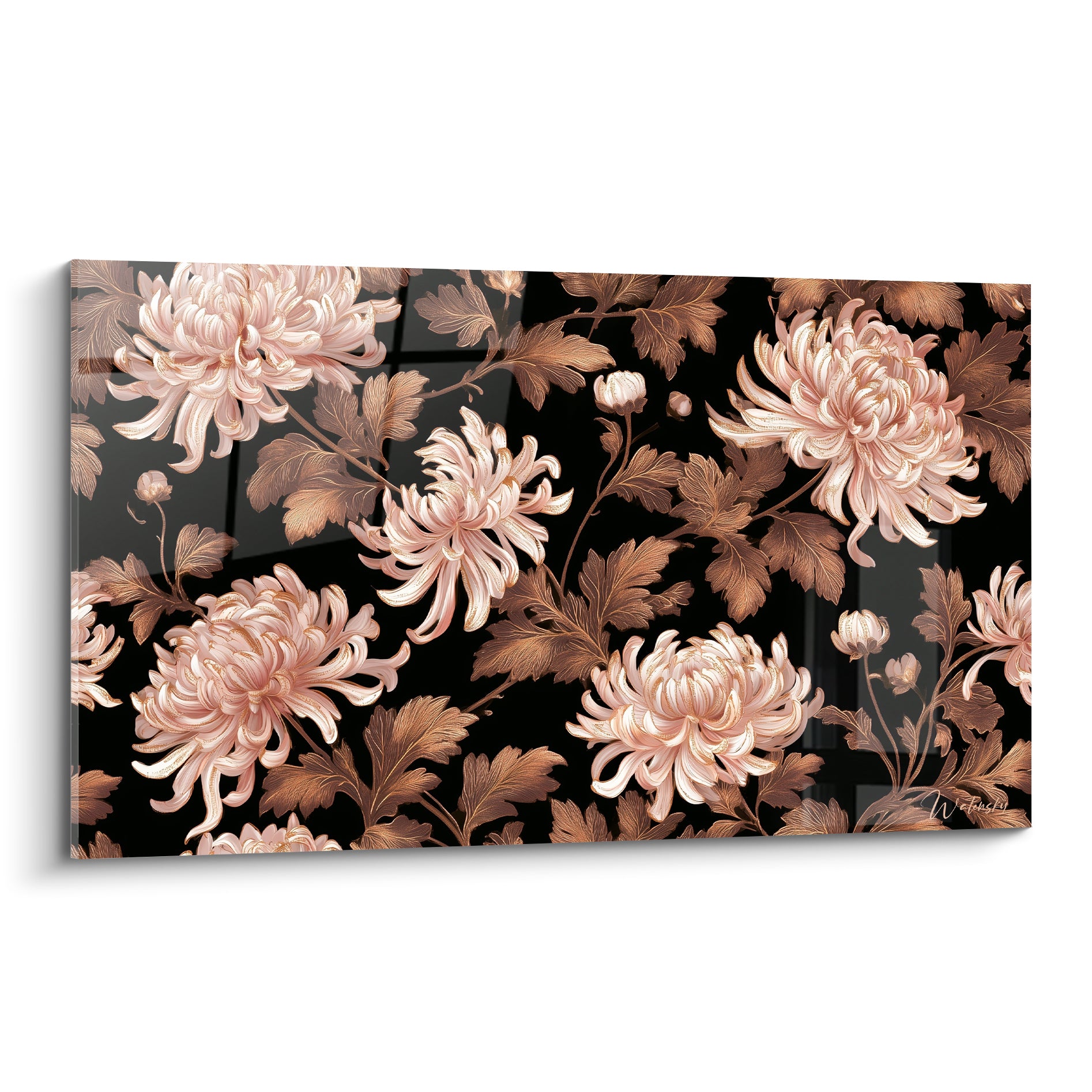 Chrysanthèmes rose poudré aux feuilles cuivrées sur fond noir profond, composition florale dense et raffinée