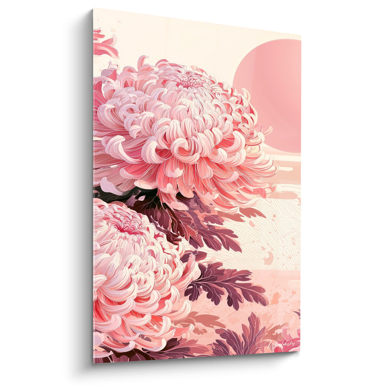 Tableau Chrysanthèmes rose et bordeaux devant lune pâle - Pétales en volutes - Edition Chrysanthème