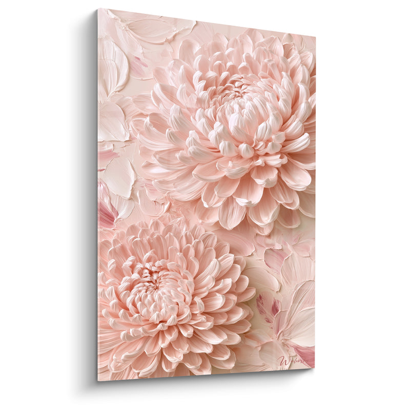 Tableau Chrysanthèmes rose pâle et blanc en relief - Empâtements pastel - Edition Chrysanthème