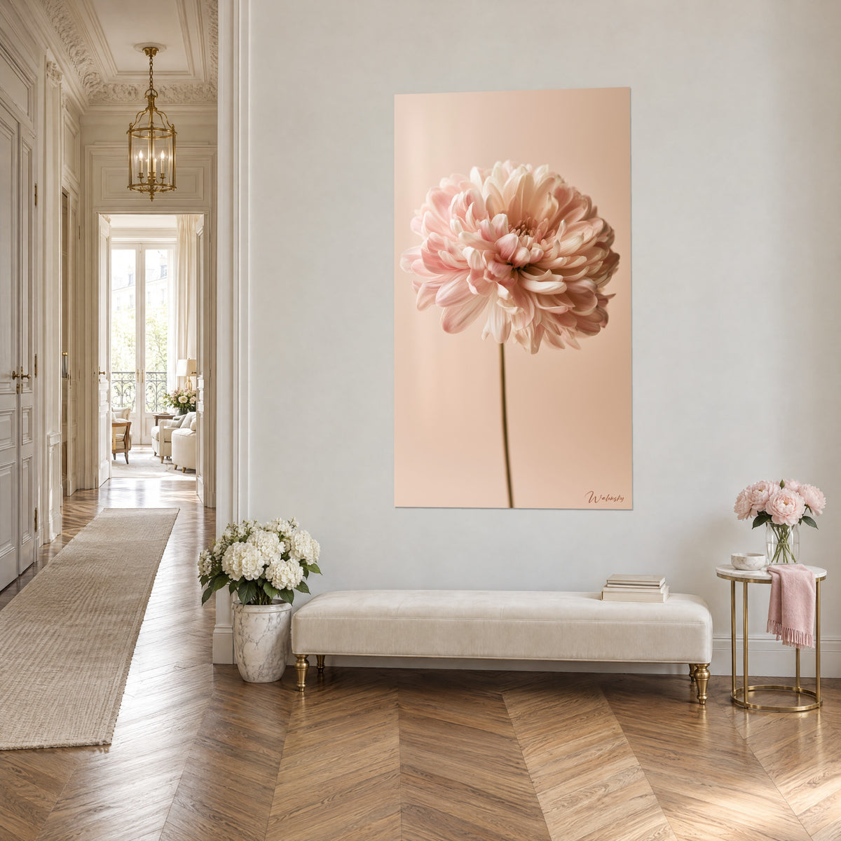 Quadro capolino di crisantemo con petali morbidi rosa tenue e bianco avorio, stelo sottile verde oliva, visto di tre quarti in un appartamento in stile haussmanniano