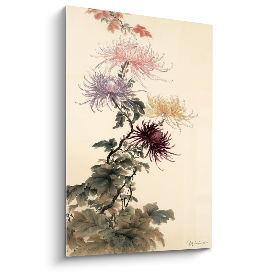 Blumenbild Chrysanthemen in Rosa und Violett im Vierer-Set - Zweig mit vier Blütenblättern - Chrysantheme Edition