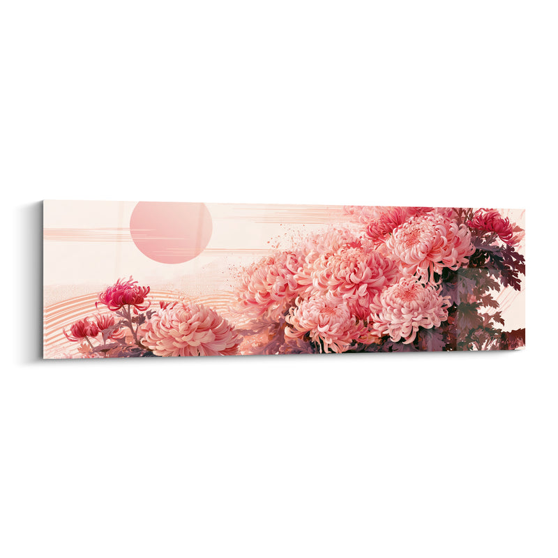 Tableau Chrysanthèmes roses et pourpres devant un disque solaire - Traînées horizontales estompées - Edition Chrysanthème