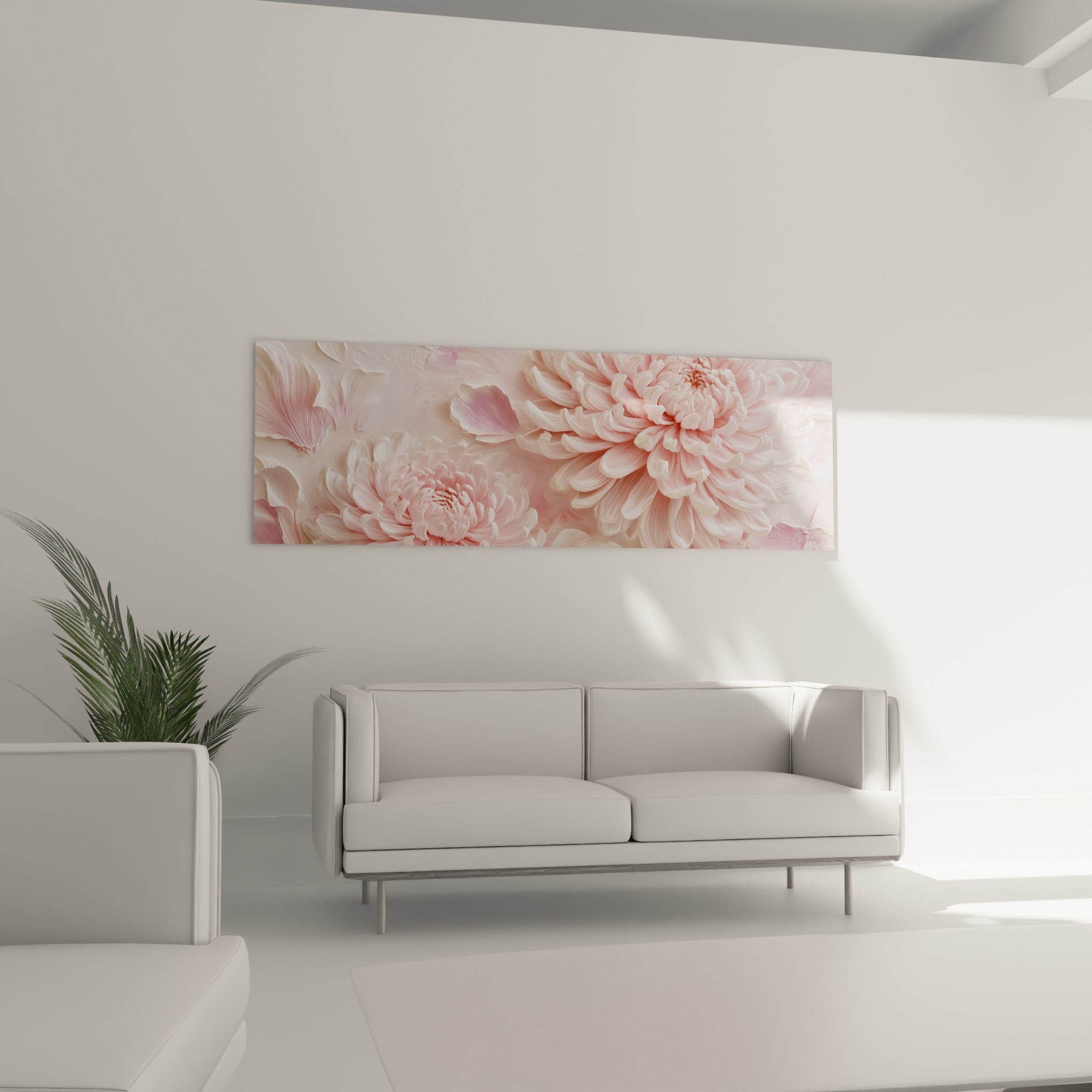 Pétales de chrysanthème blanc nacré et rose tendre, matière sculpturale, au-dessus d'un canapé dans un salon lumineux