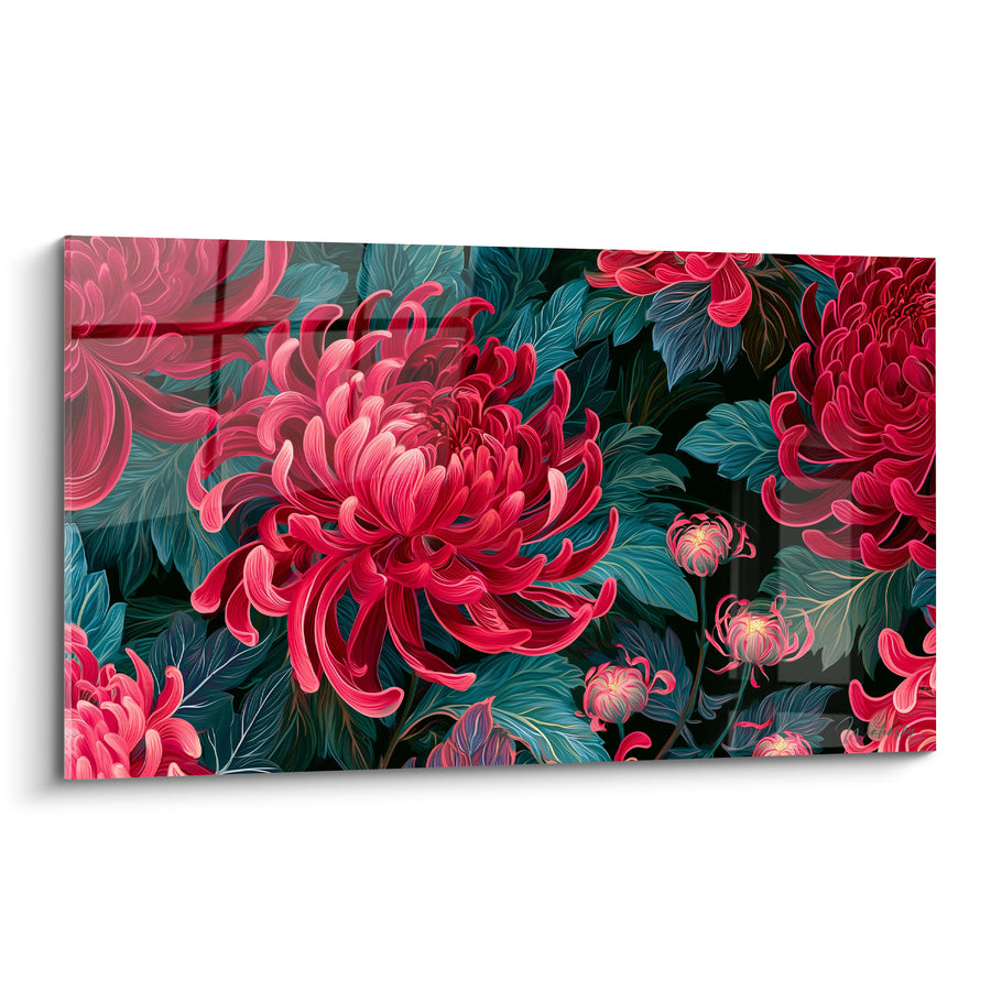 Gemälde Chrysantheme Rot und Grün mit ausgebreiteten Blütenblättern - Strahlende Blüte - Edition Chrysantheme