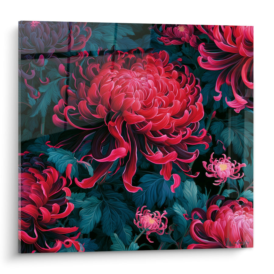 Gemälde Chrysantheme rote Blütenblätter gebogen - Nachtt Garten - Edition Chrysantheme