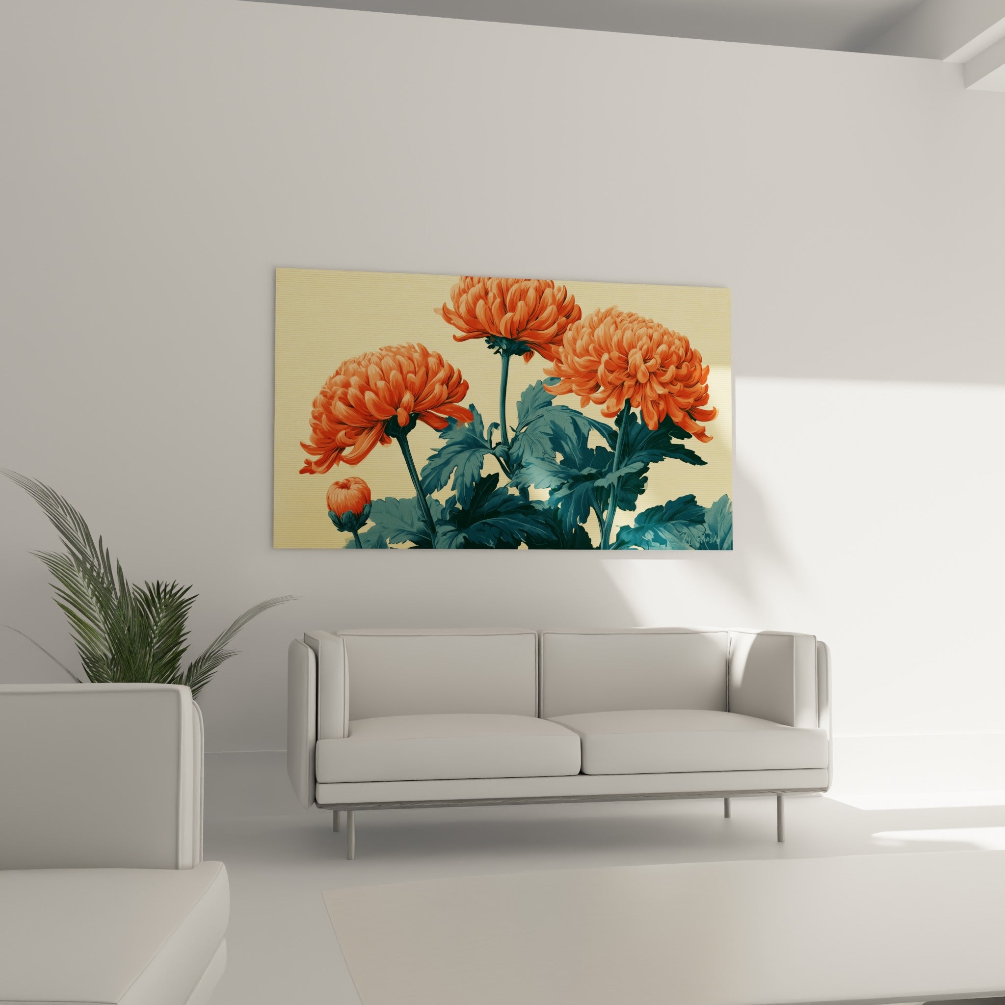 Fleurs de Chrysanthème rouge corail et jaune paille au-dessus d'un canapé dans un salon lumineux