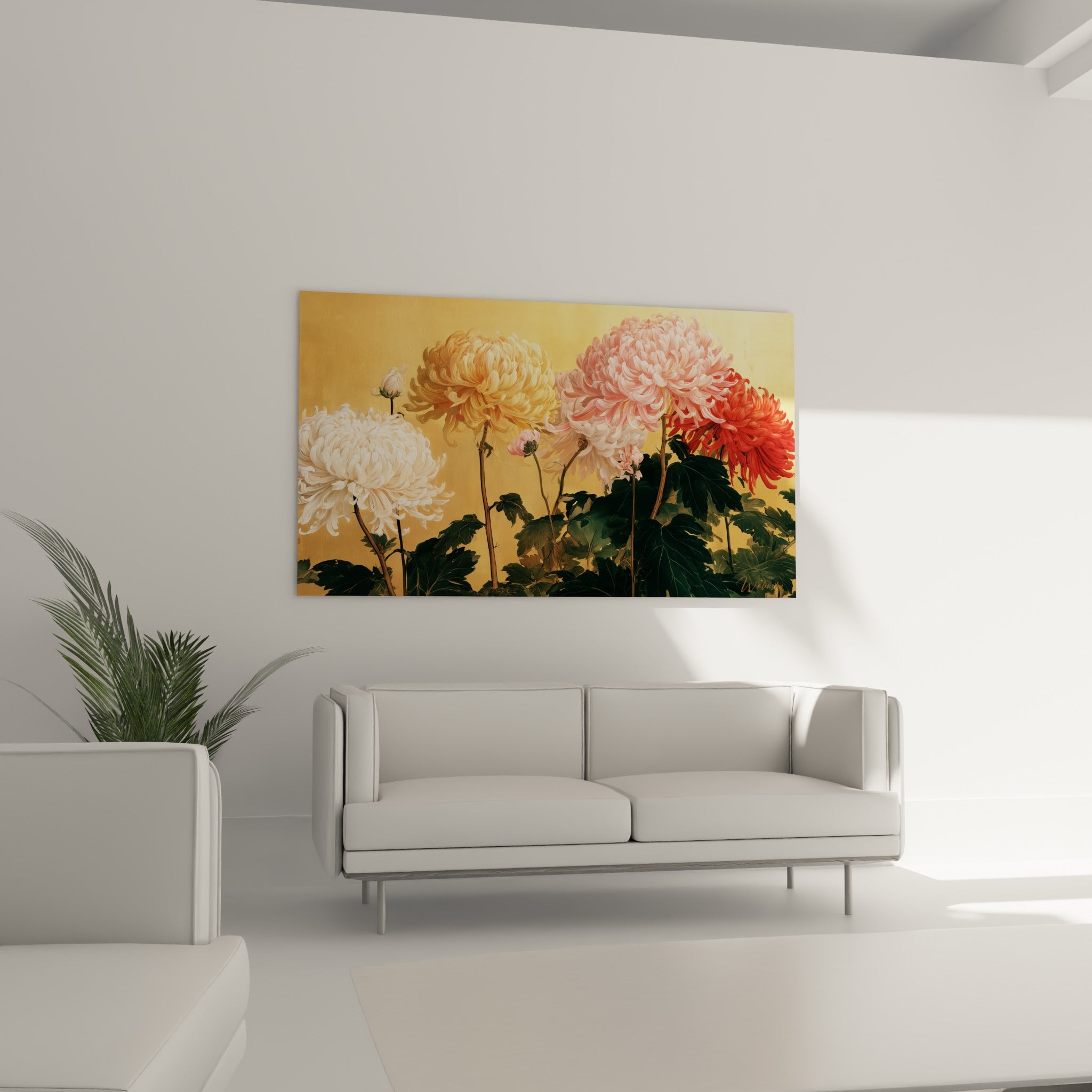 Corolles de chrysanthème blanc et rouge vif au-dessus d'un canapé dans un salon lumineux