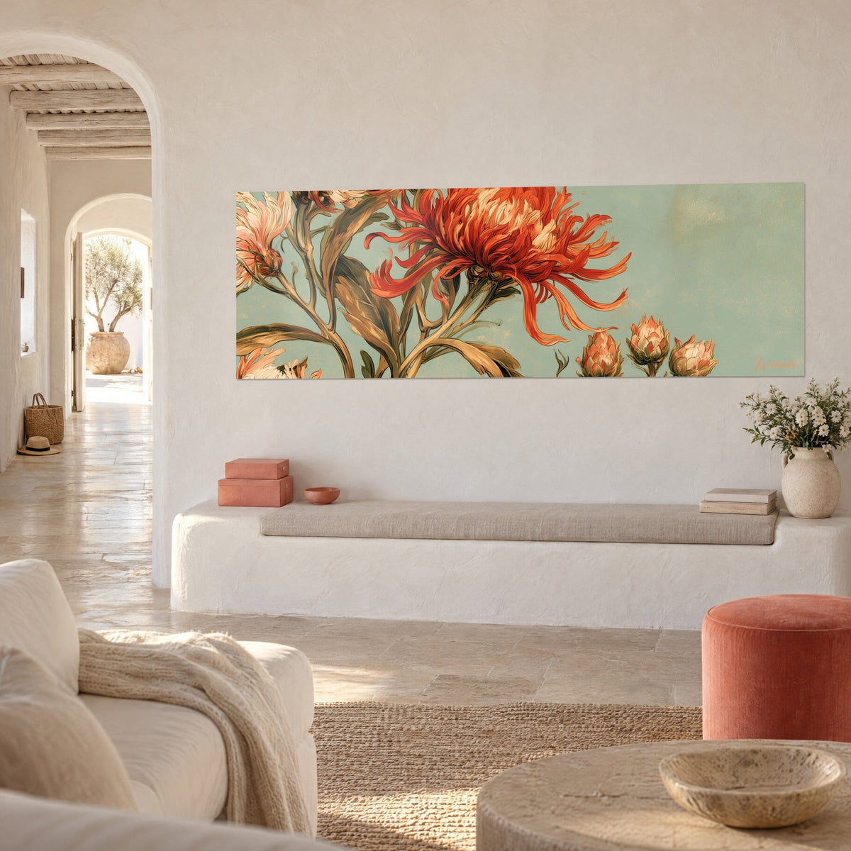 Tableau fleur en pompon orangé et feuillage vert sauge sur céladon, vue de trois-quarts, banquette blanche d'une maison méditerranéenne