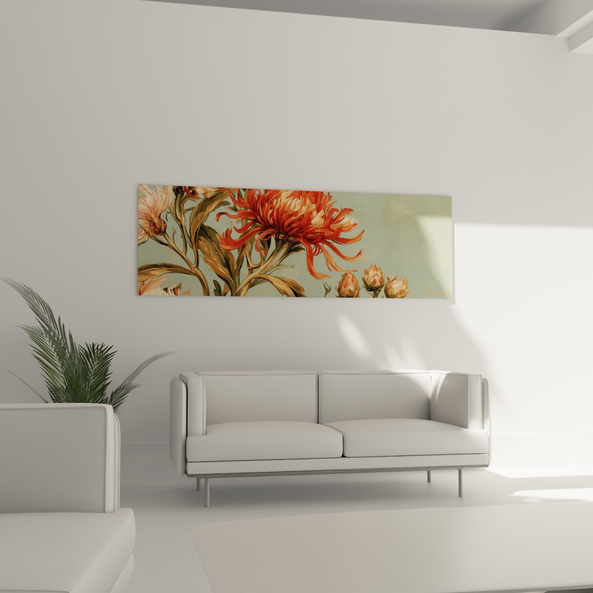 Fleur de Chrysanthème rouge corail et feuilles kaki, disposée au-dessus d'un canapé dans un salon lumineux