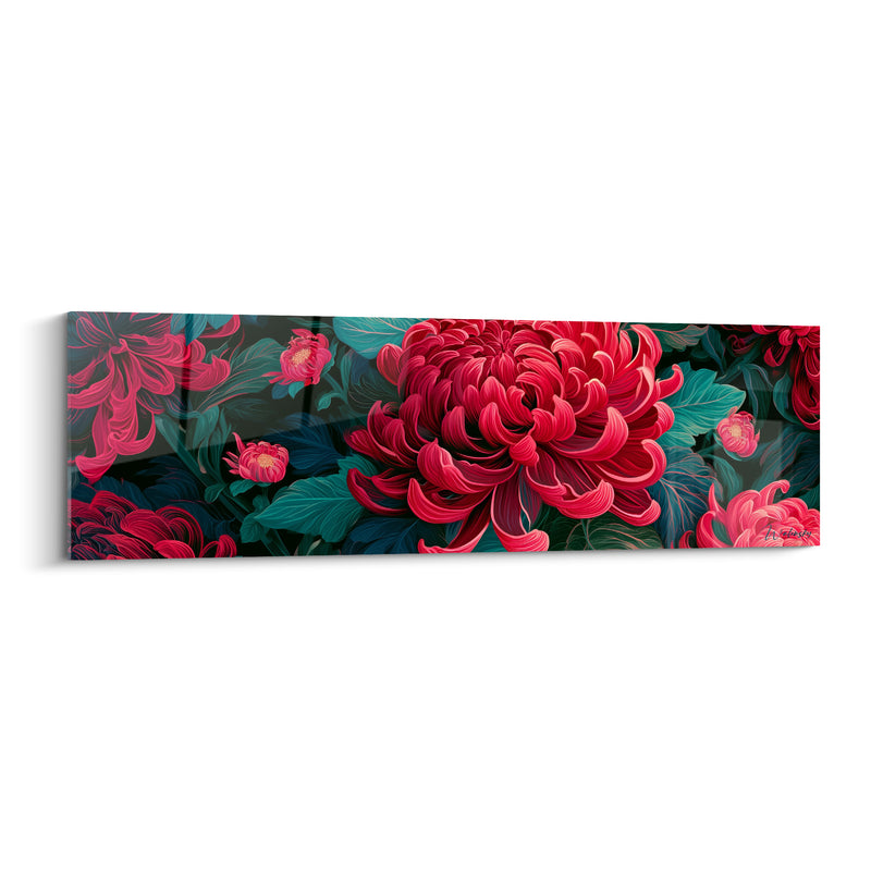 Tableau Chrysanthème rouge et vert émeraude flamboyant - Bourgeons dorés cachés - Edition Chrysanthème