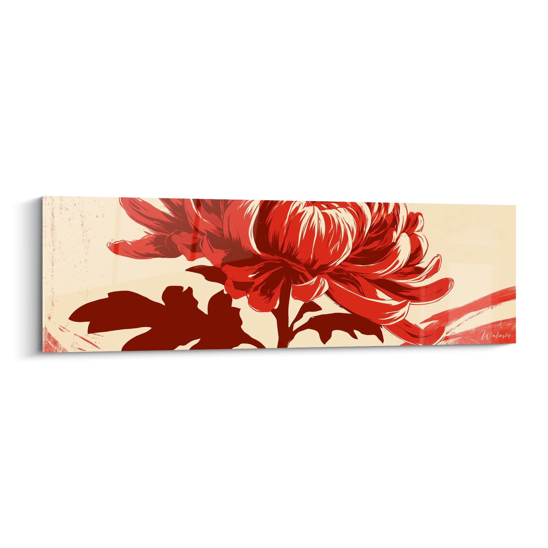 Chrysanthème rouge aux pétales déployés sur fond ivoire, style estampe japonaise contrastée