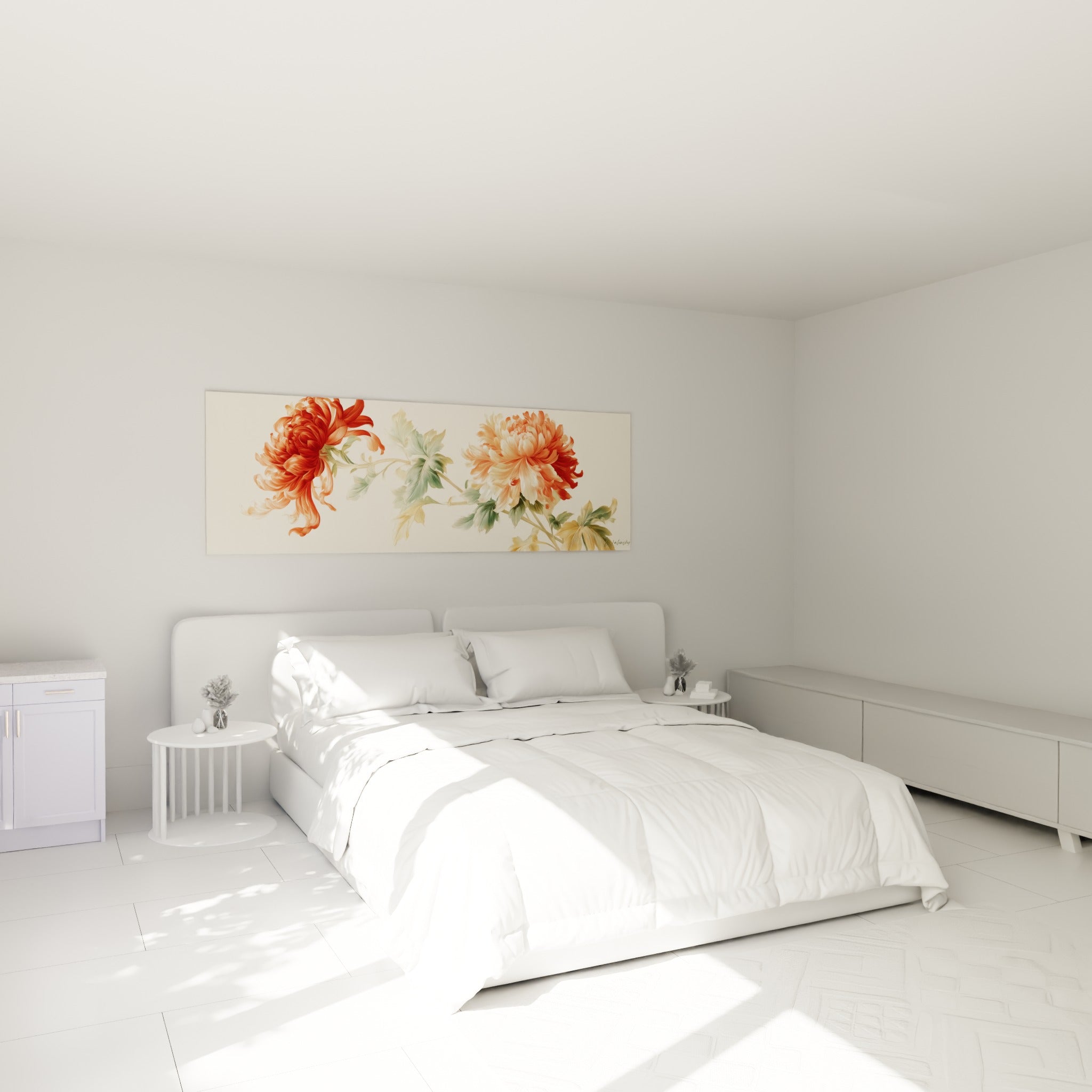 Chrysanthème rouge corail et vert sauge accroché au-dessus d'un lit dans une chambre claire