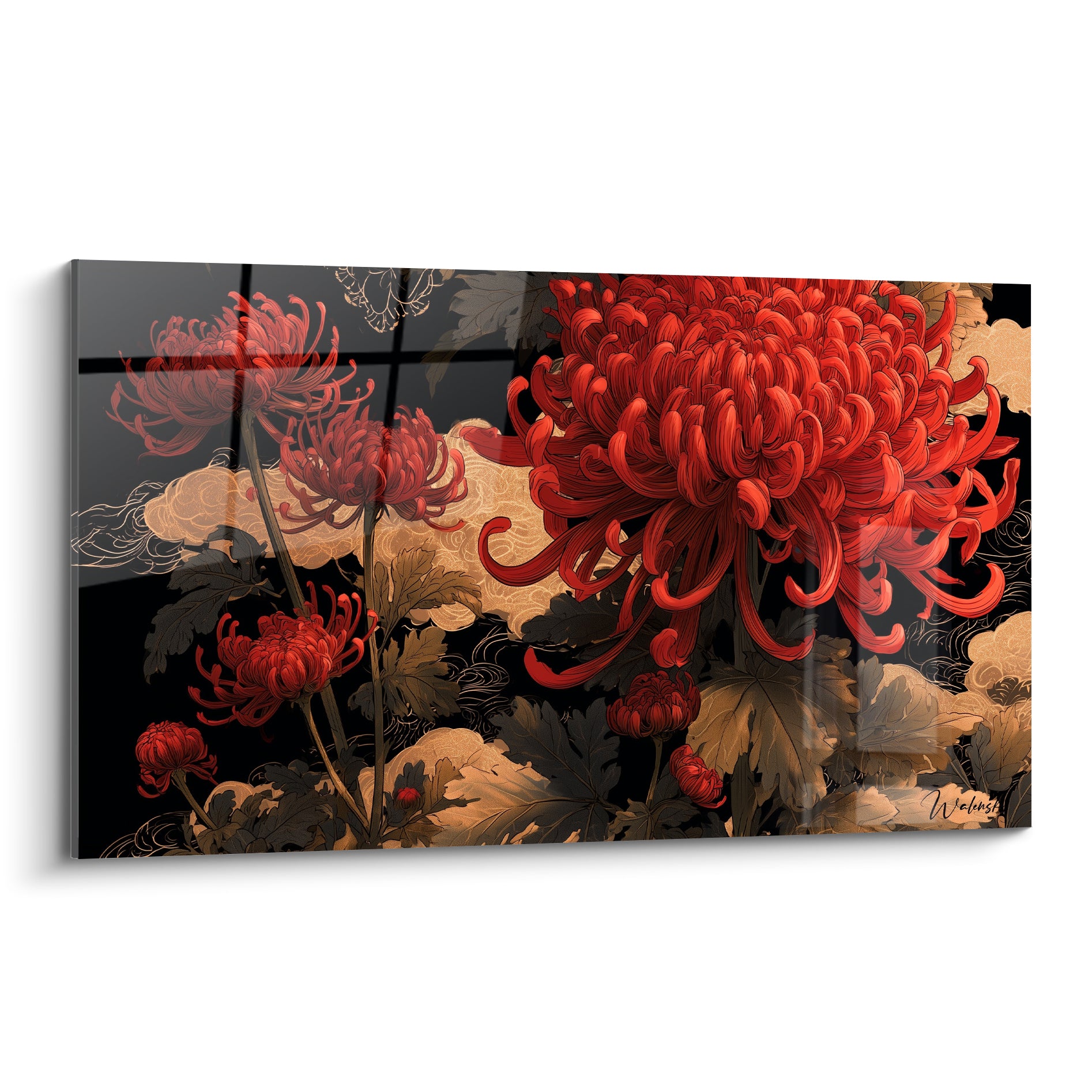 Chrysanthèmes rouge vermillon aux pétales recourbés sur fond noir orné de nuages dorés