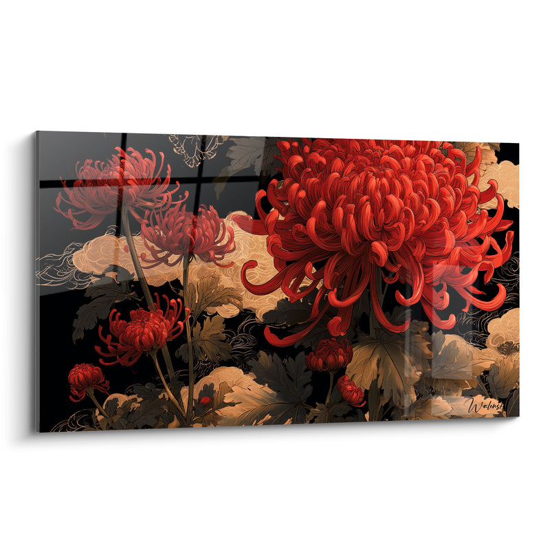 Tableau Chrysanthème rouge et noir aux pétales tourbillonnants - Nuages dorés stylisés - Edition Chrysanthème