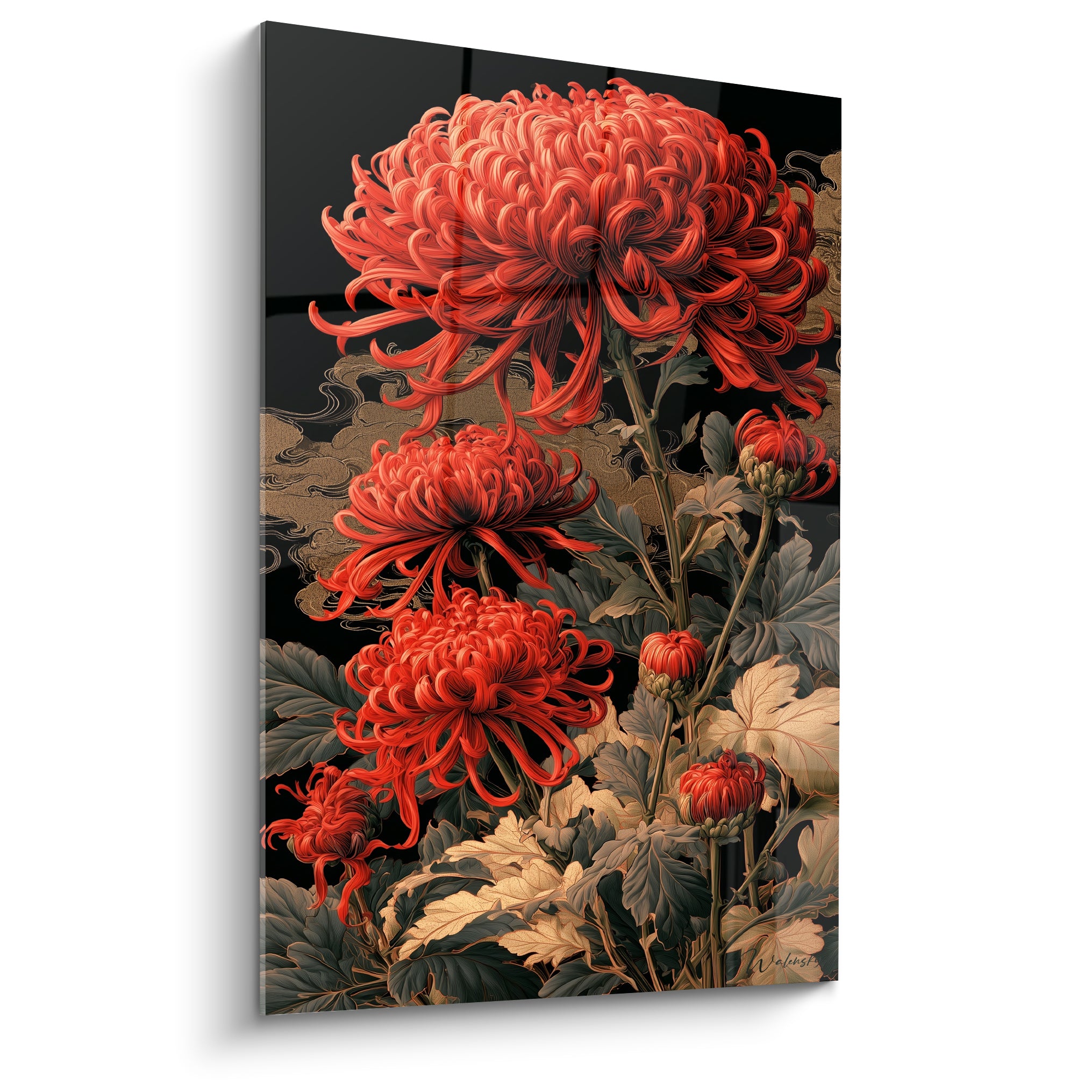 Chrysanthème rouge vermillon aux pétales incurvés sur fond noir orné de motifs dorés