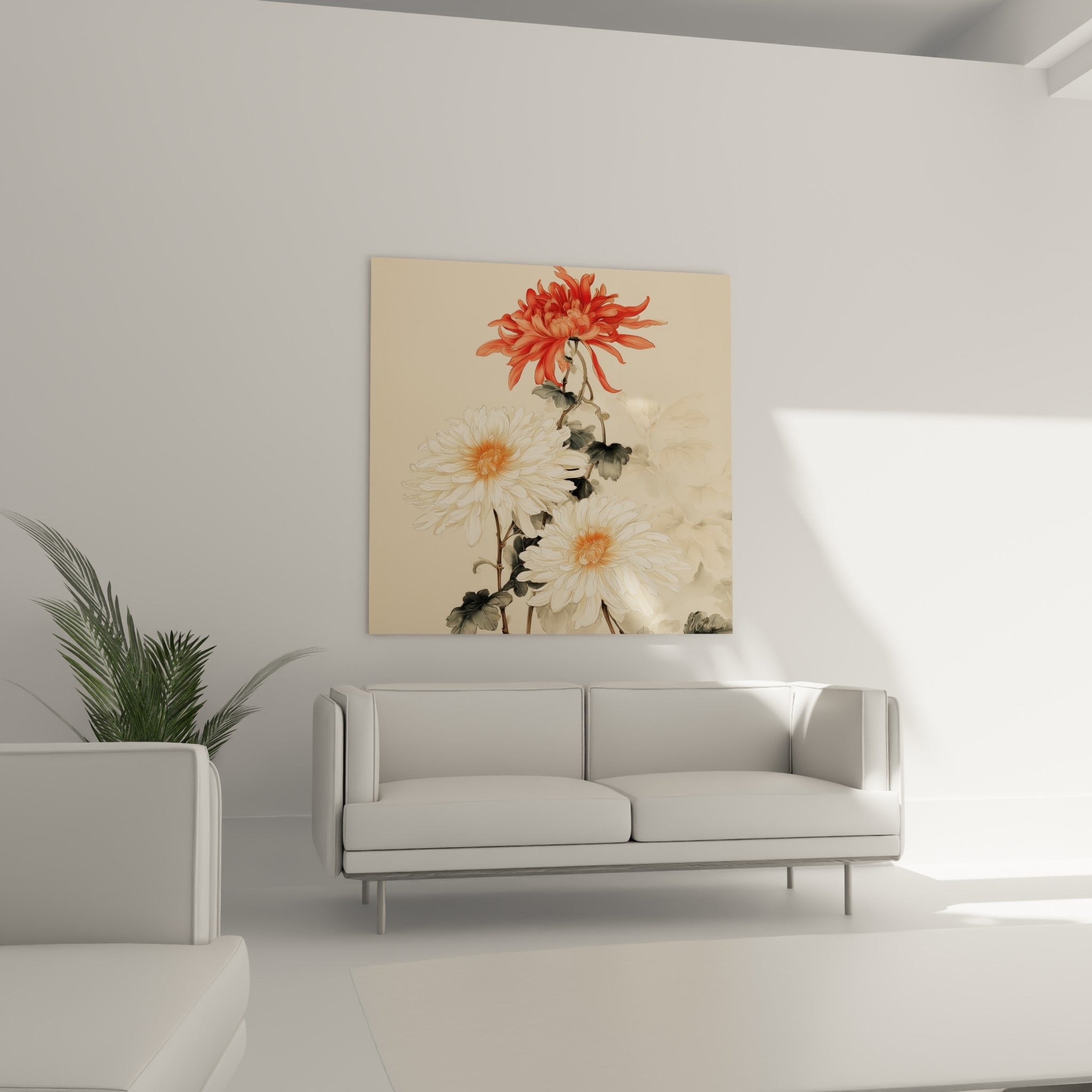 Chrysanthème rouge vif et blanc nacré accroché au-dessus d'un canapé dans un salon lumineux
