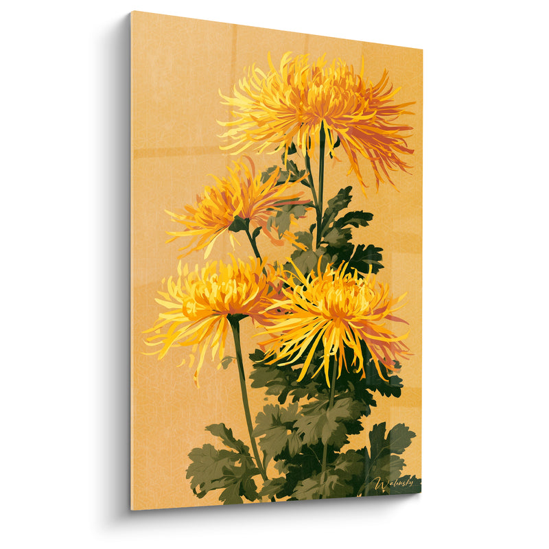 Tableau Chrysanthèmes jaunes et orangés en quatuor - Fond craquelé beige - Edition Chrysanthème