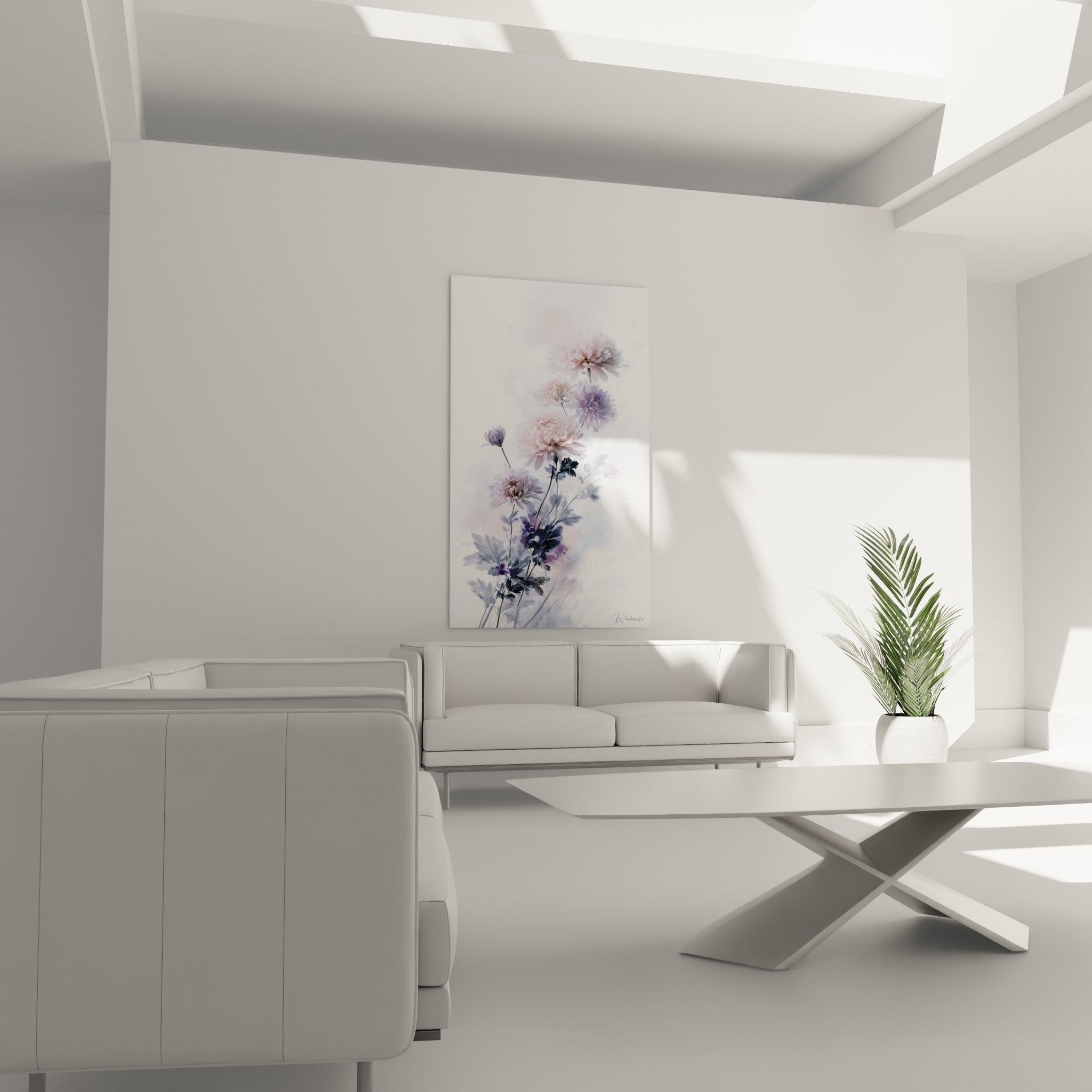 Fleurs de chrysanthème aux tons pastel et feuillage anthracite au-dessus d'un canapé dans un salon lumineux
