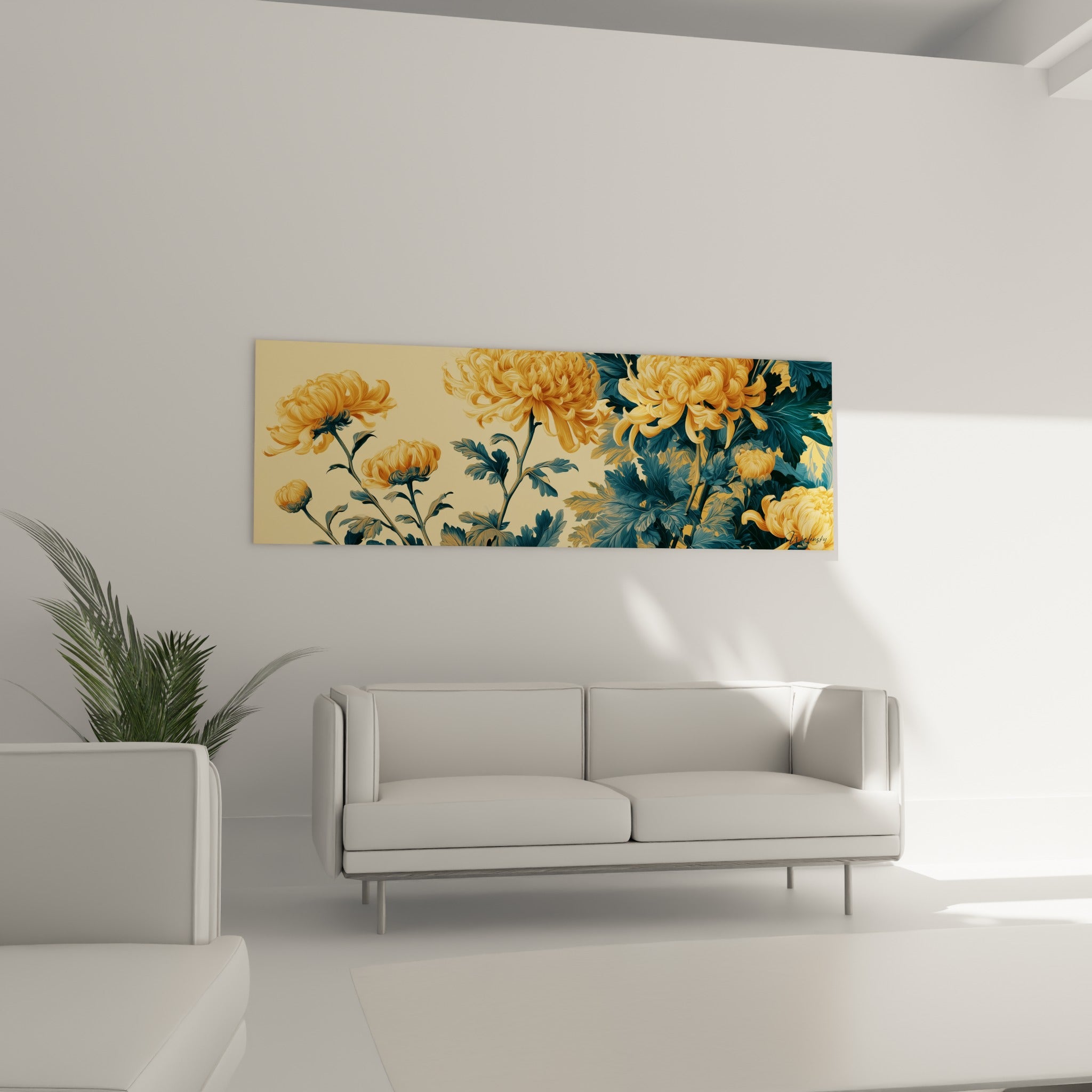 Corolles dorées et feuillage anthracite du chrysanthème accrochées au-dessus d'un canapé dans un salon lumineux