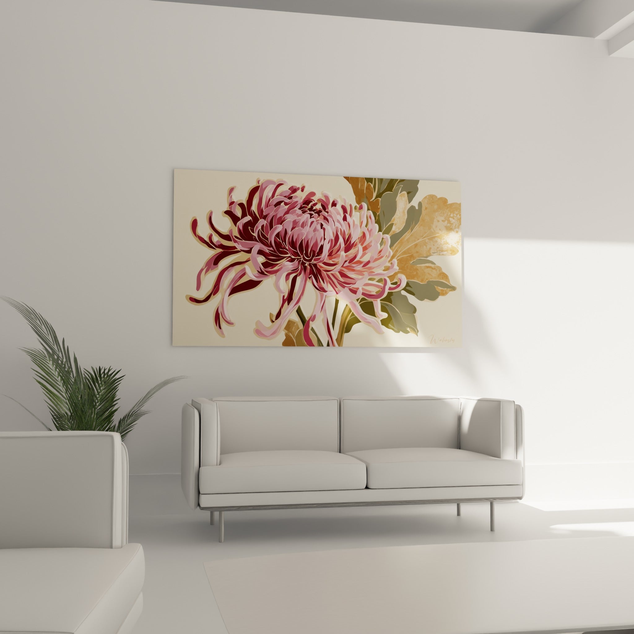 Pétales de chrysanthème rose et ocre au-dessus d'un canapé dans un salon lumineux