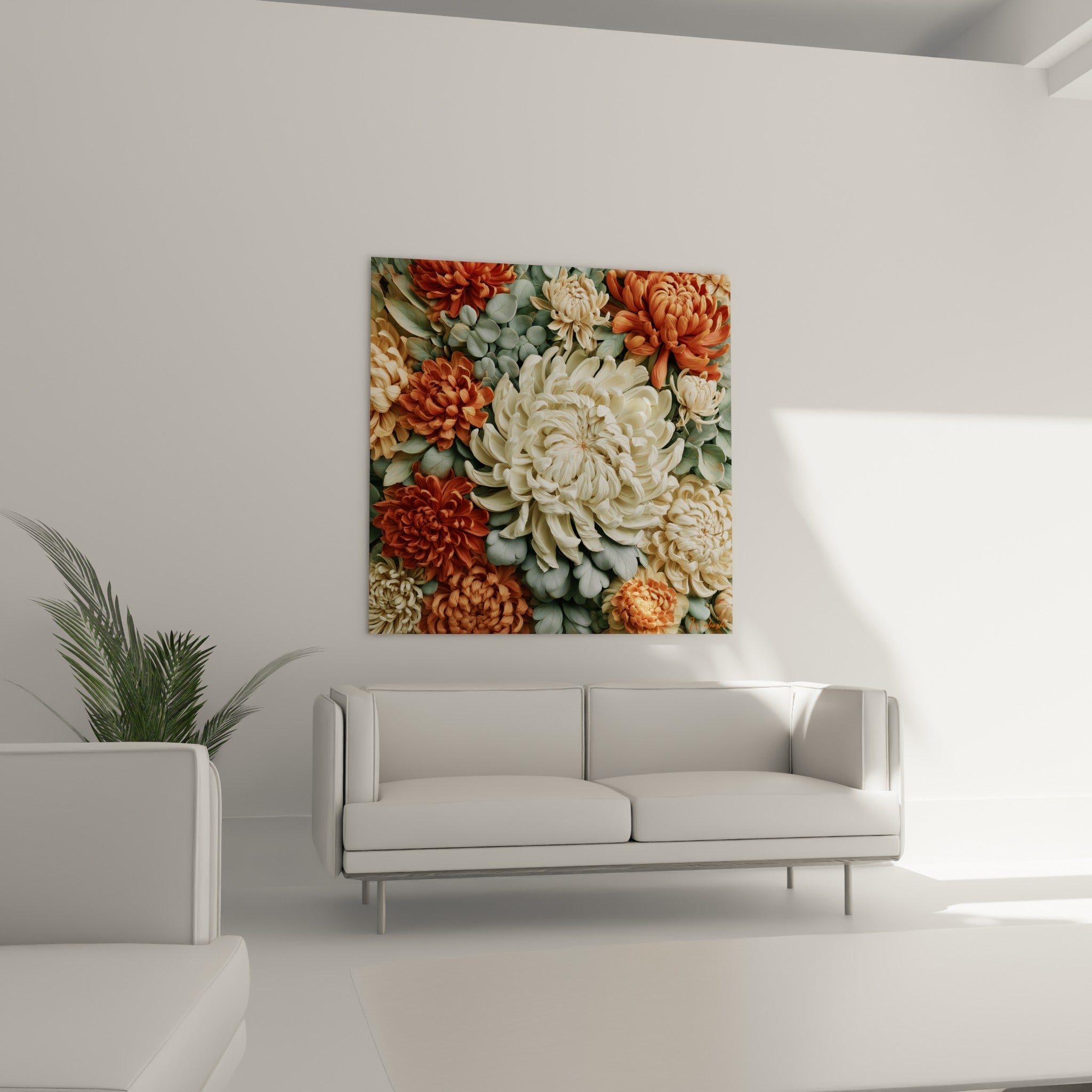 Fleurs de chrysanthème terracotta et beige déployées au-dessus d'un canapé dans un salon lumineux
