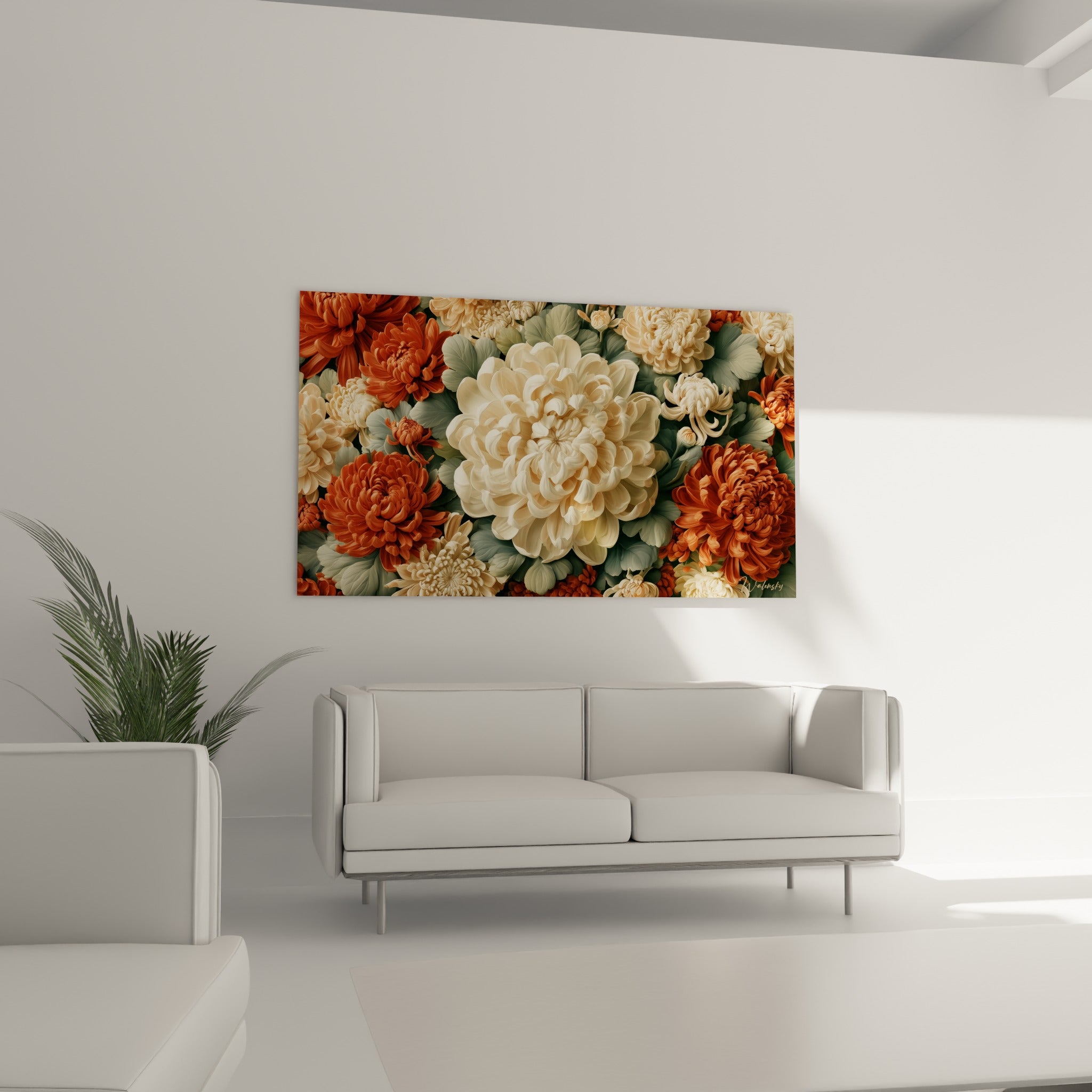 Fleurs de chrysanthème crème et rouge brique disposées au-dessus d'un canapé dans un salon lumineux