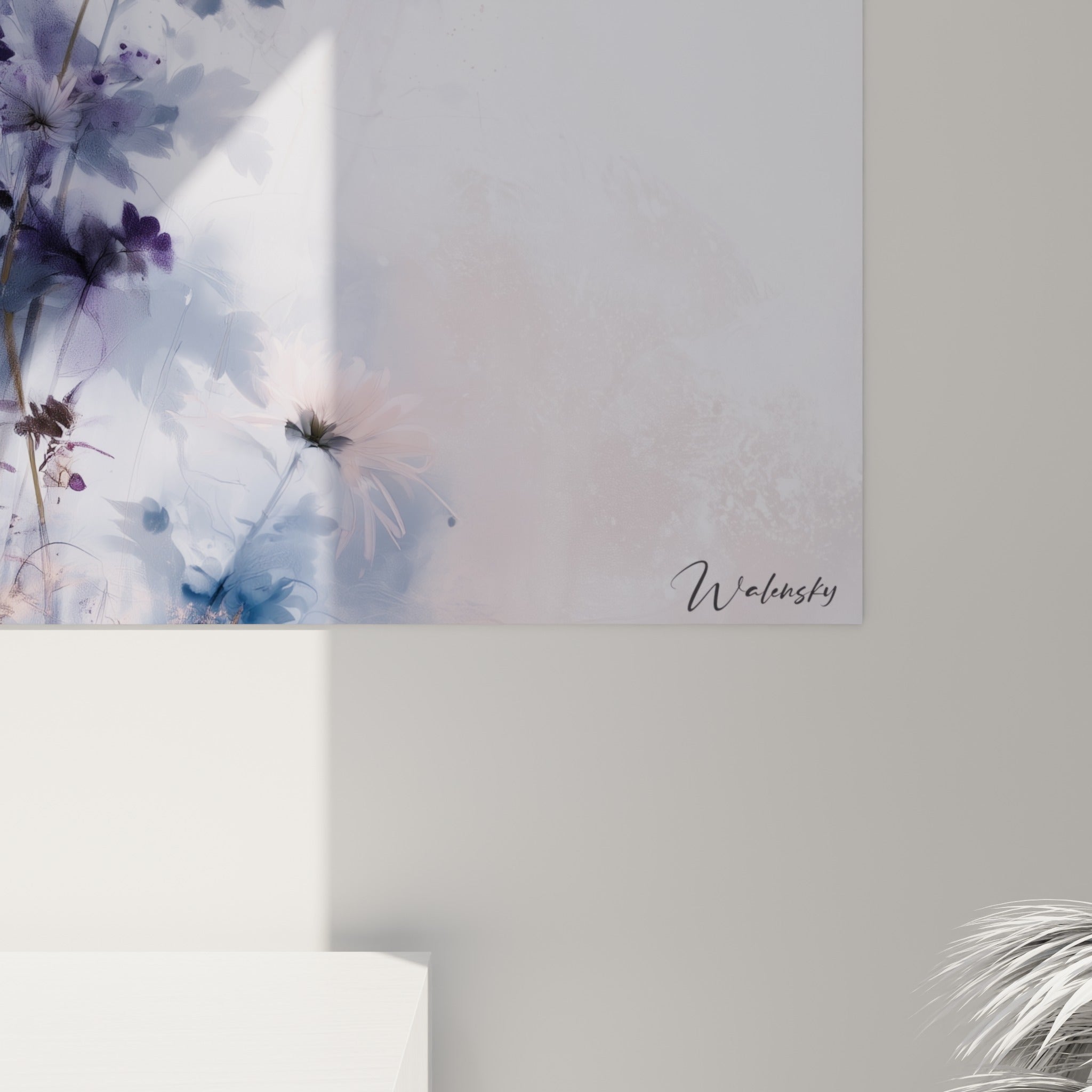 Empâtements roses et coulures bleutées visibles sur la toile de chrysanthème accrochée
