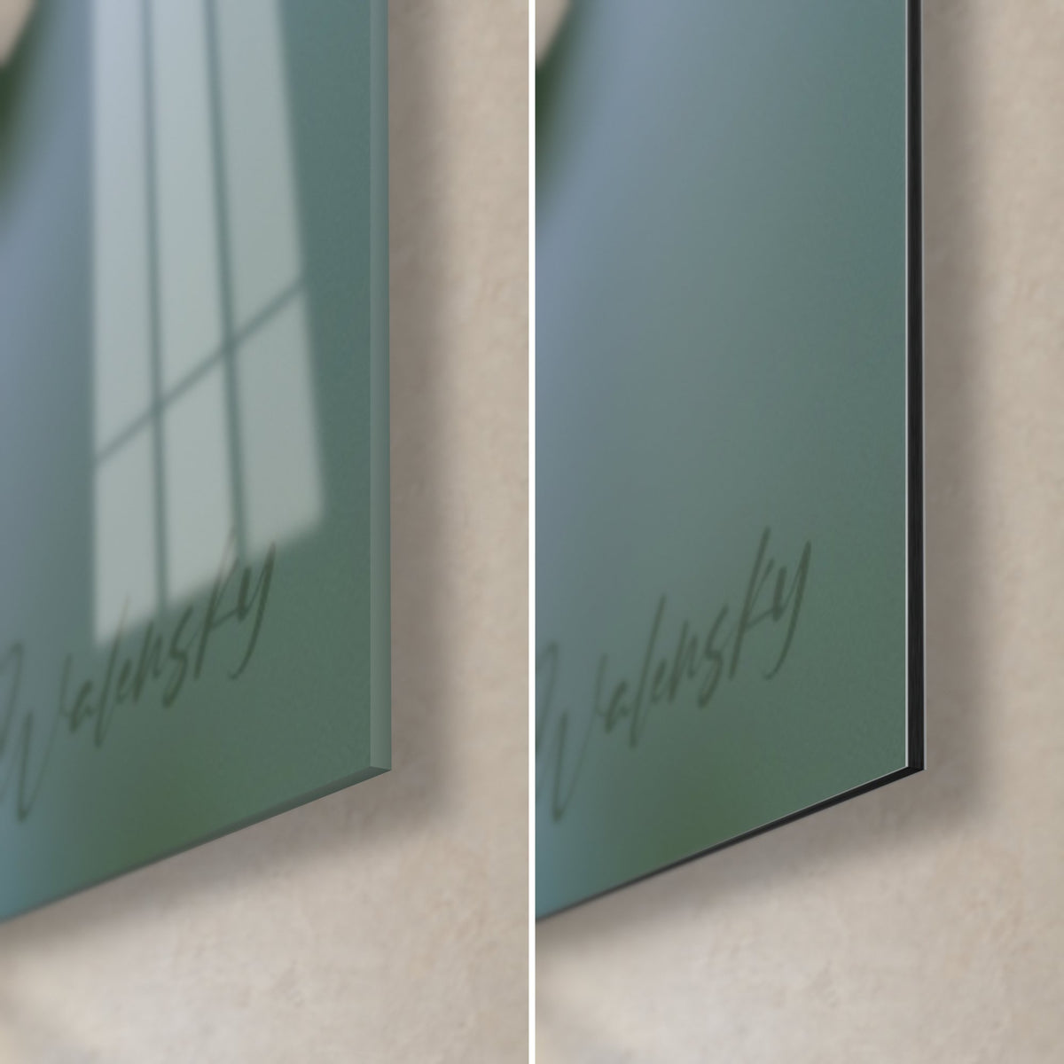 Wall art pink flower with fine petals, bottom right corner: glossy acrylic glass with reflections, matte grey Dibond and visible 3 mm edge