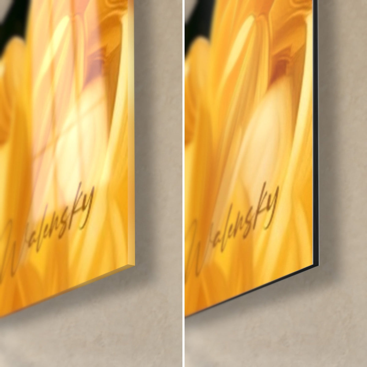 Wall art of a golden flower in close-up, bottom right corner: glossy glass on the left, matte black Dibond on the right, 3 mm edge