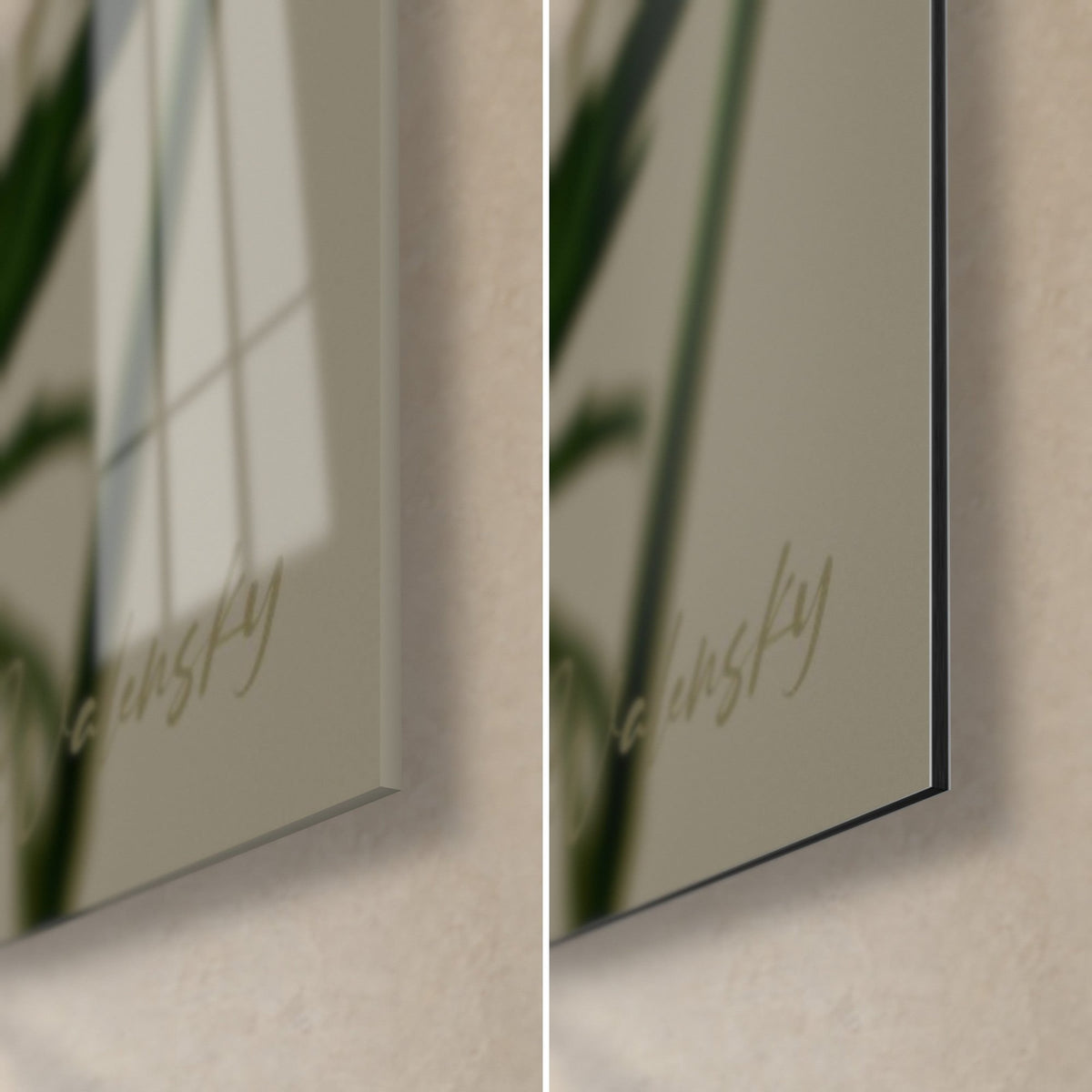 Wall art ivory flowers on a taupe background, bottom right corner: glossy acrylic glass with reflections and matte black Dibond aluminium, 3 mm edge