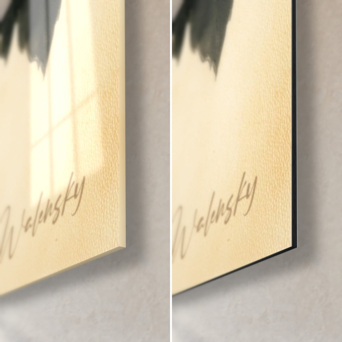 Tableau chrysanthème ocre, coin bas droit : verre brillant à gauche, Dibond mat à droite, signature Walensky, tranche de 3 mm