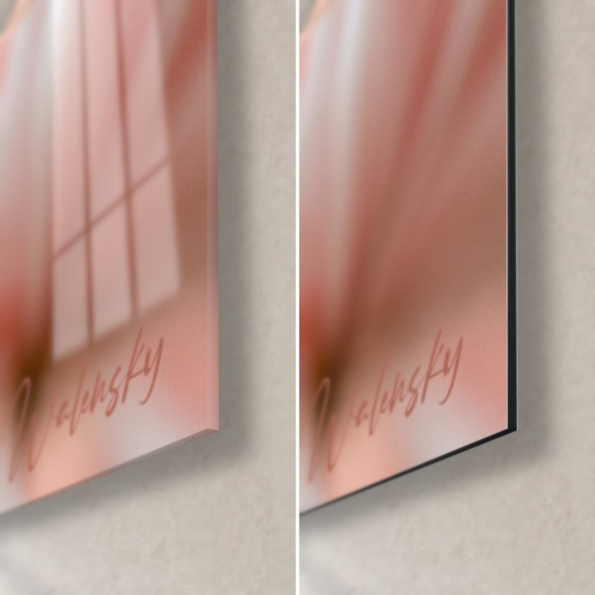 Quadro crisantemo rosa e bianco, angolo in basso a destra: vetro acrilico lucido a sinistra, Dibond opaco a destra, sottile bordo nero