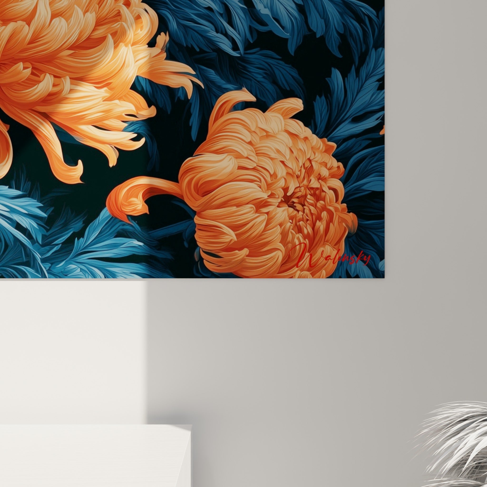 Empâtements orangés et veinures bleu marine visibles sur les pétales denses du Chrysanthème