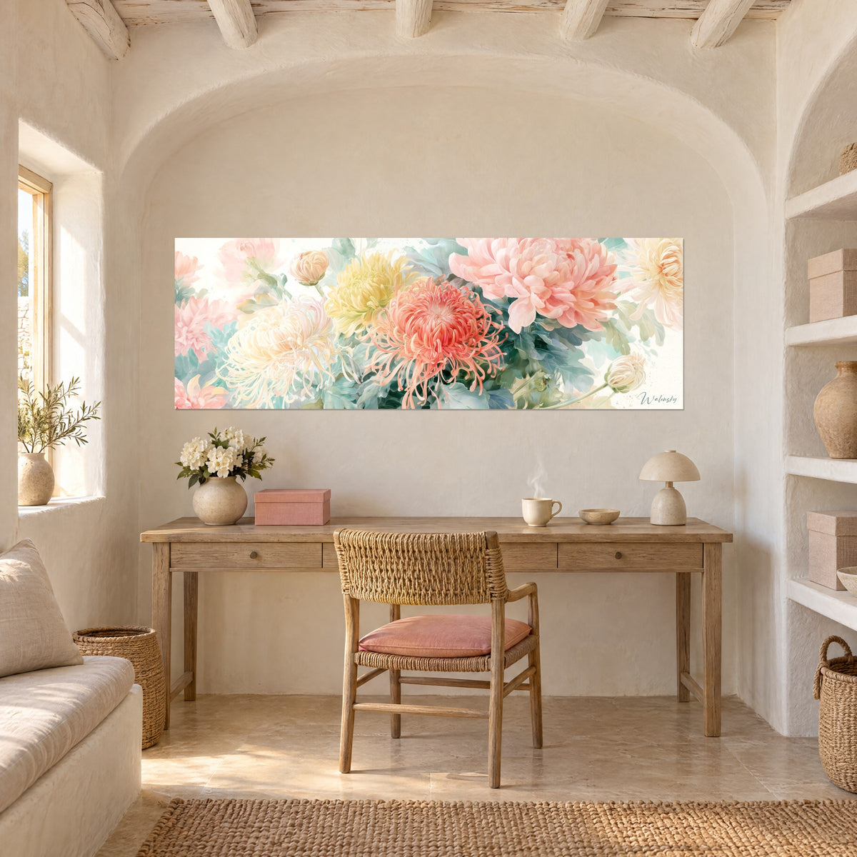 Wall art with a coral and sage green floral spray with thread-like petals, hung above a light wood desk in an arched alcove