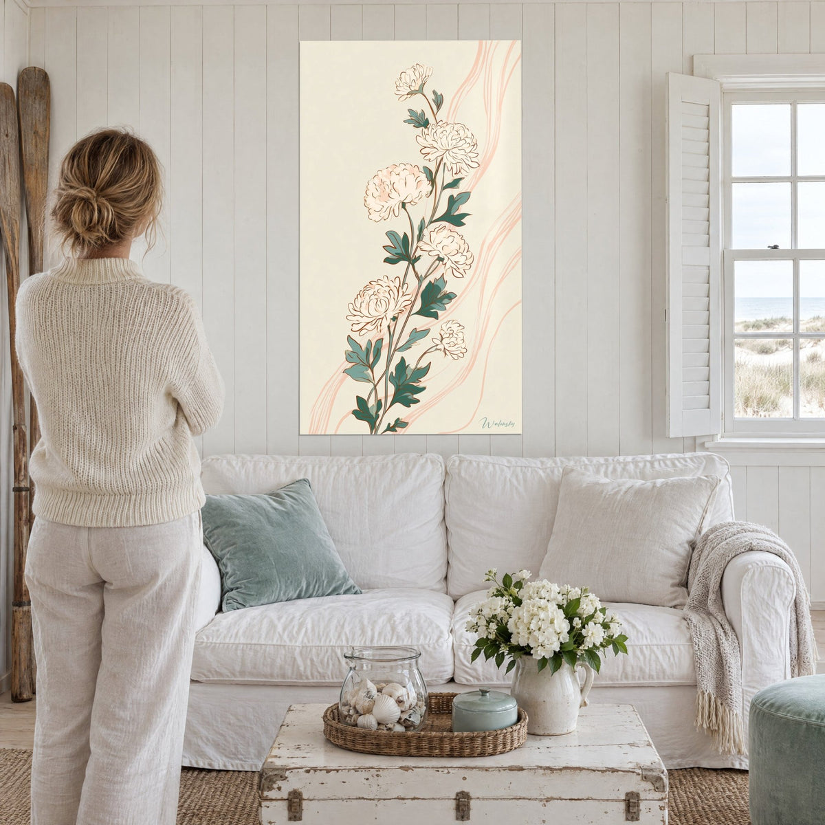 Wall art cream chrysanthemum bouquet on a beige background, soft pink curves, fir-green leaves, above a sofa in a bright living room