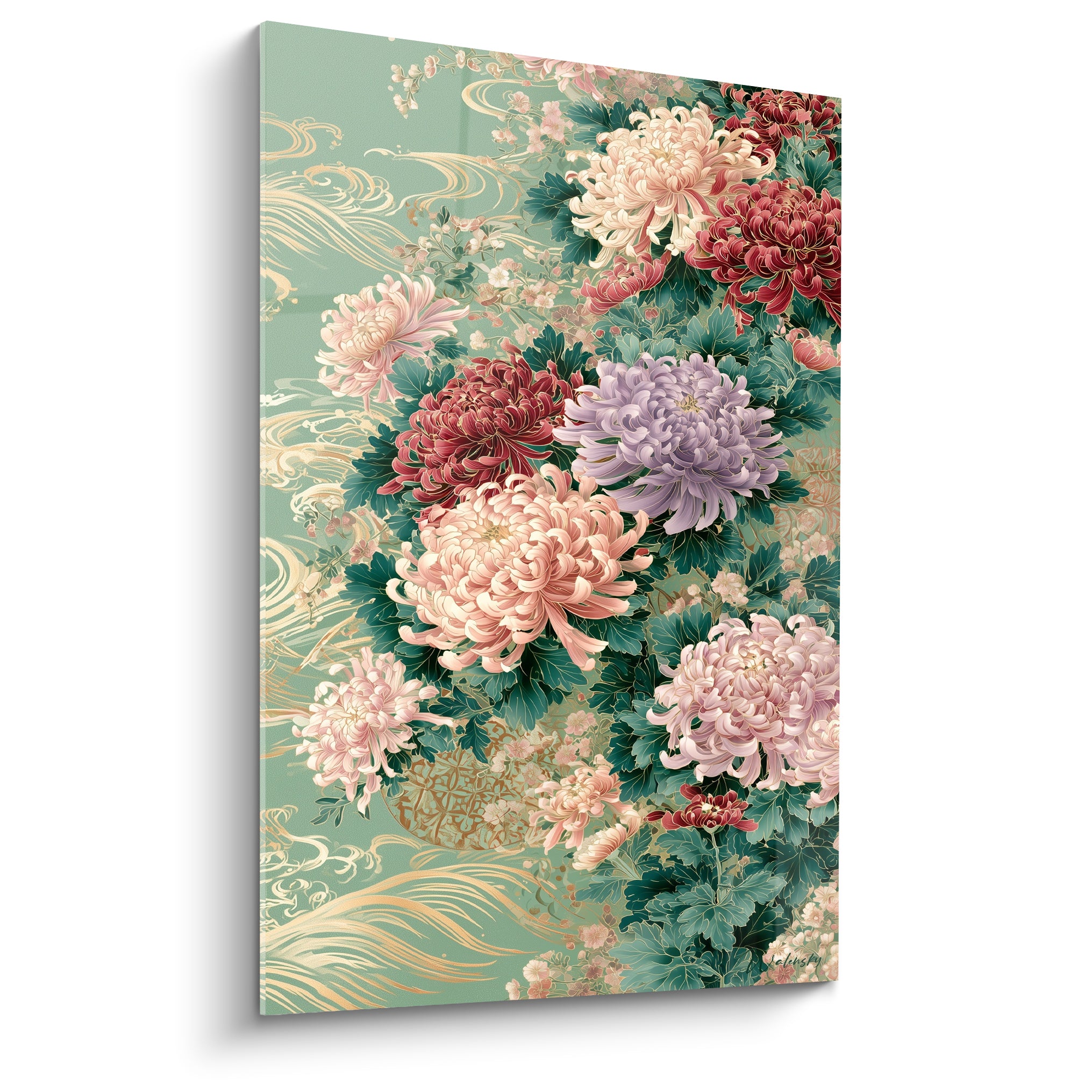 Chrysanthèmes vert sauge, rose poudré et bordeaux ornés de volutes dorées, style japonisant