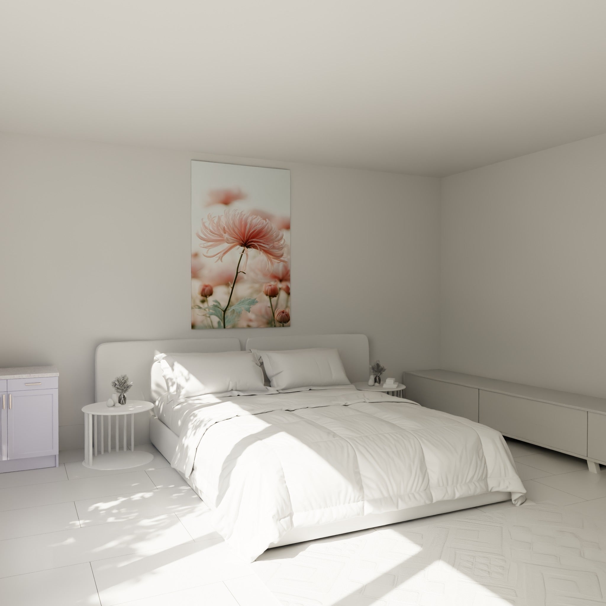 Chrysanthème rose et vert sauge aux pétales déployés, accroché au-dessus d'un lit dans une chambre claire