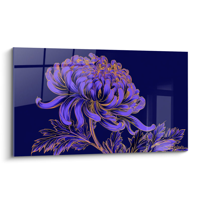 Tableau Chrysanthème violet et doré aux contours lumineux - Fenêtre quadrillée en reflet - Edition Chrysanthème