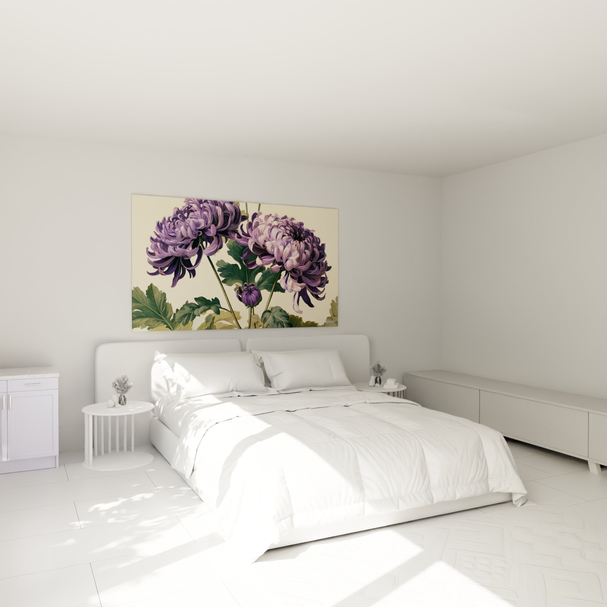 Corolles de chrysanthème violet et mauve accrochées au-dessus d'un lit dans une chambre claire